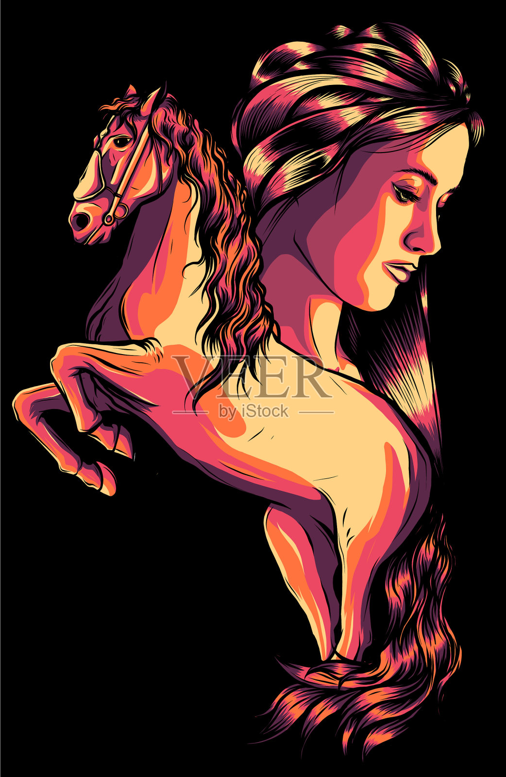 女人和马年轻的女人抚摸着一匹马插画图片素材