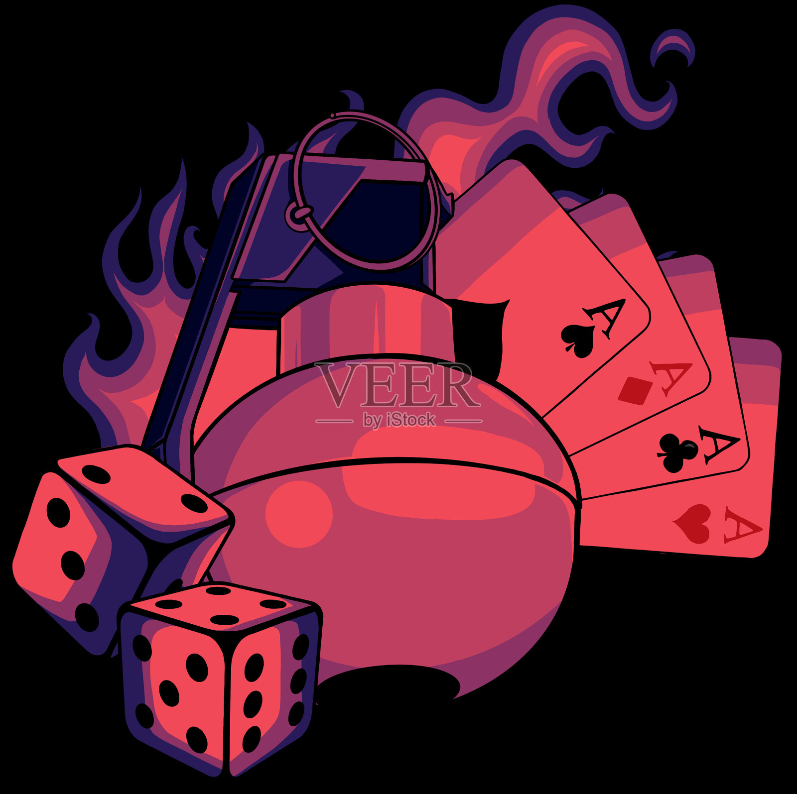 花岗石与赌场游戏和火焰在黑色插画图片素材