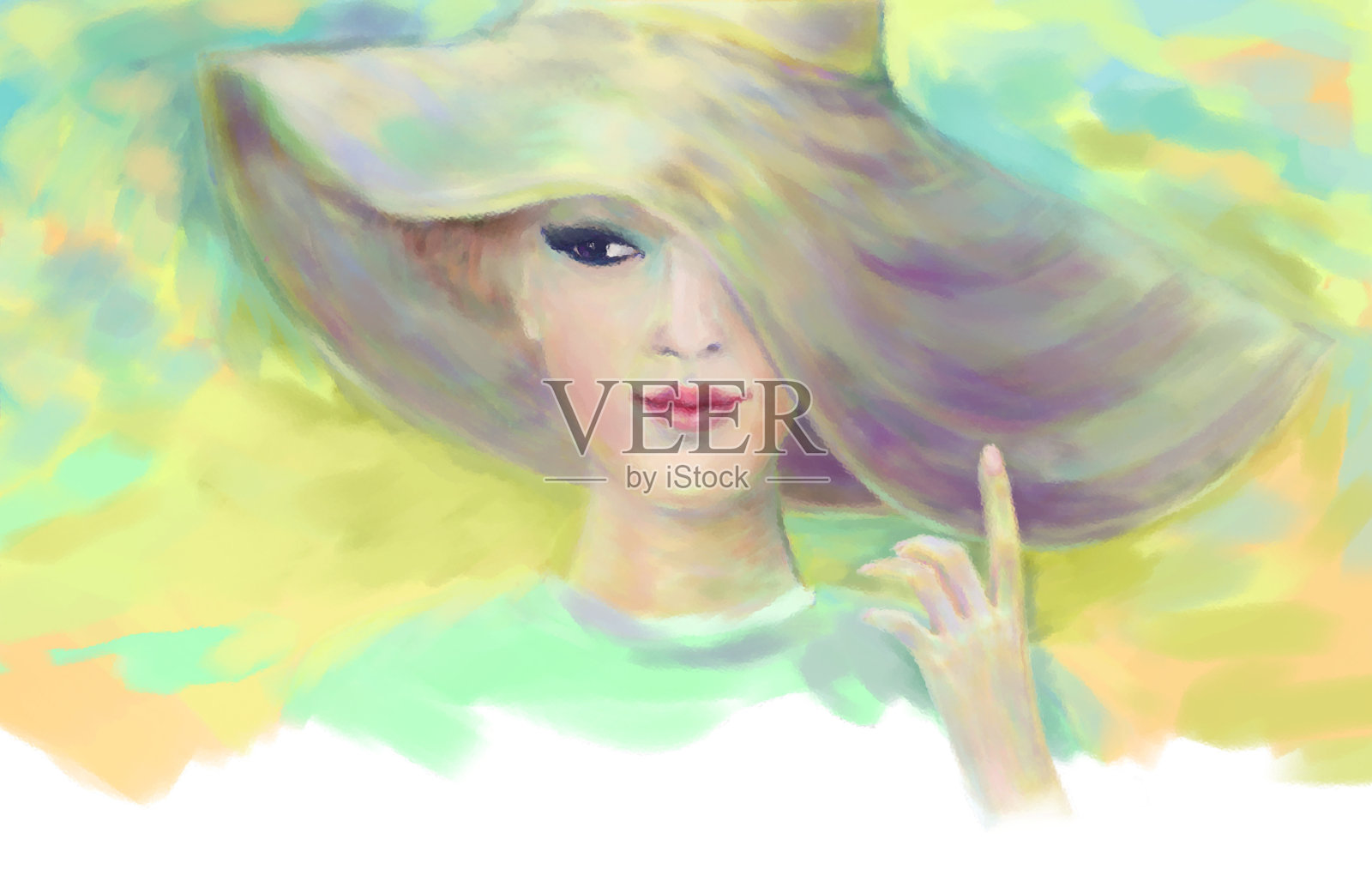 风景如画的插图，一个年轻女子在一个迷人的风格宽檐帽插画图片素材