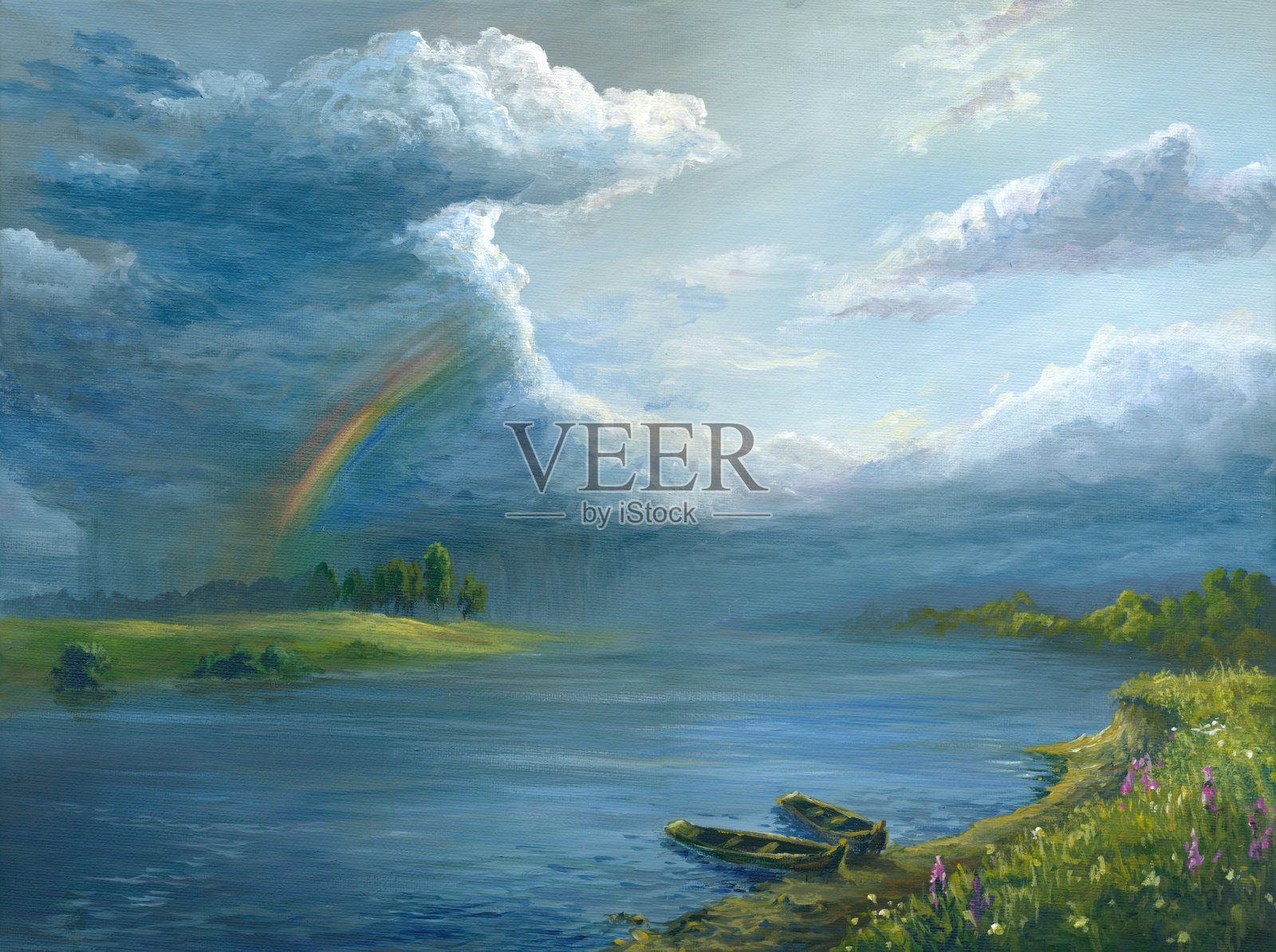 彩虹在河上，油画插画图片素材