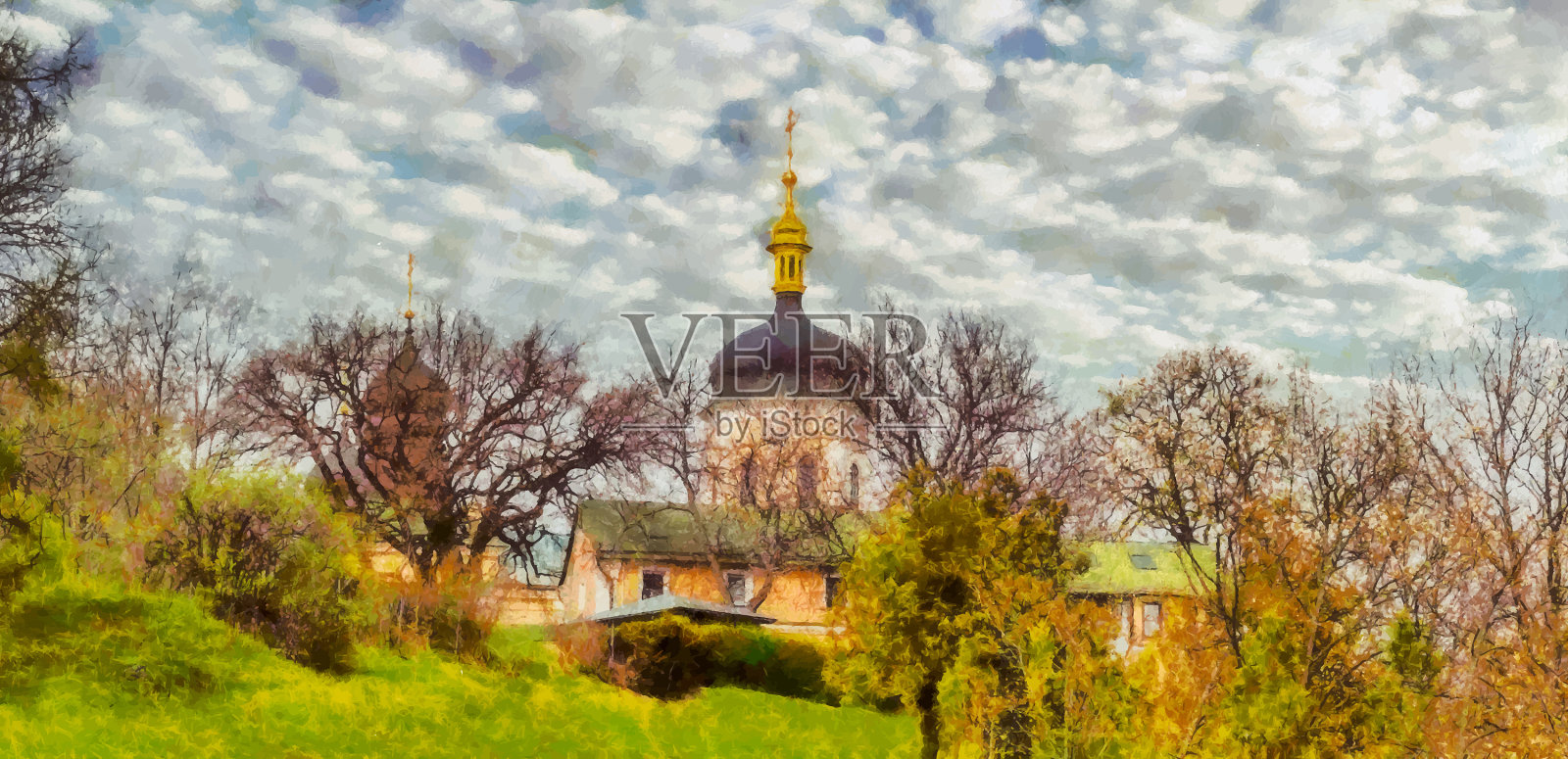 油画风景画上五颜六色的树插画图片素材