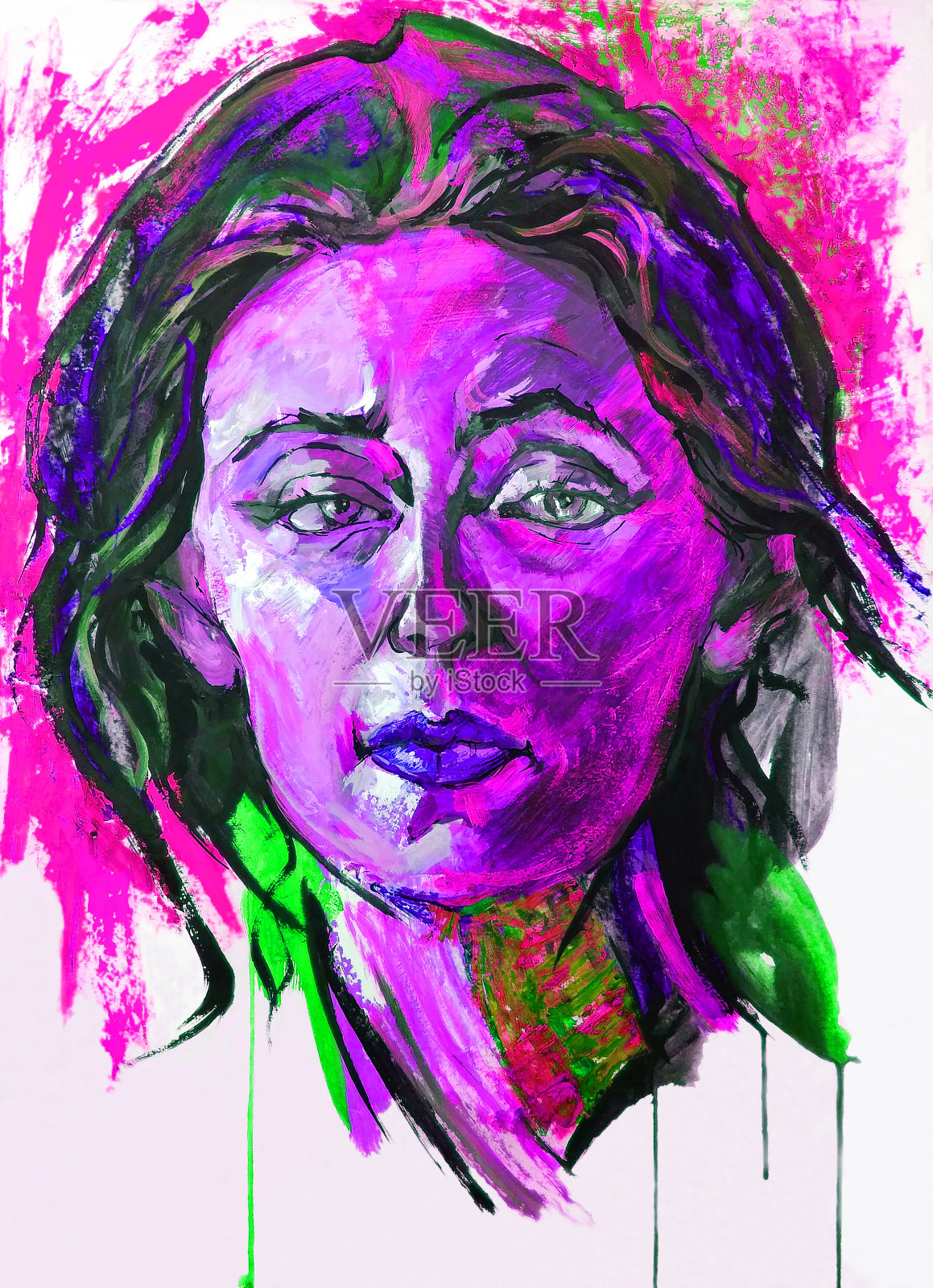 插画油画肖像的女人与长黑发的背景在粉红色的色调插画图片素材