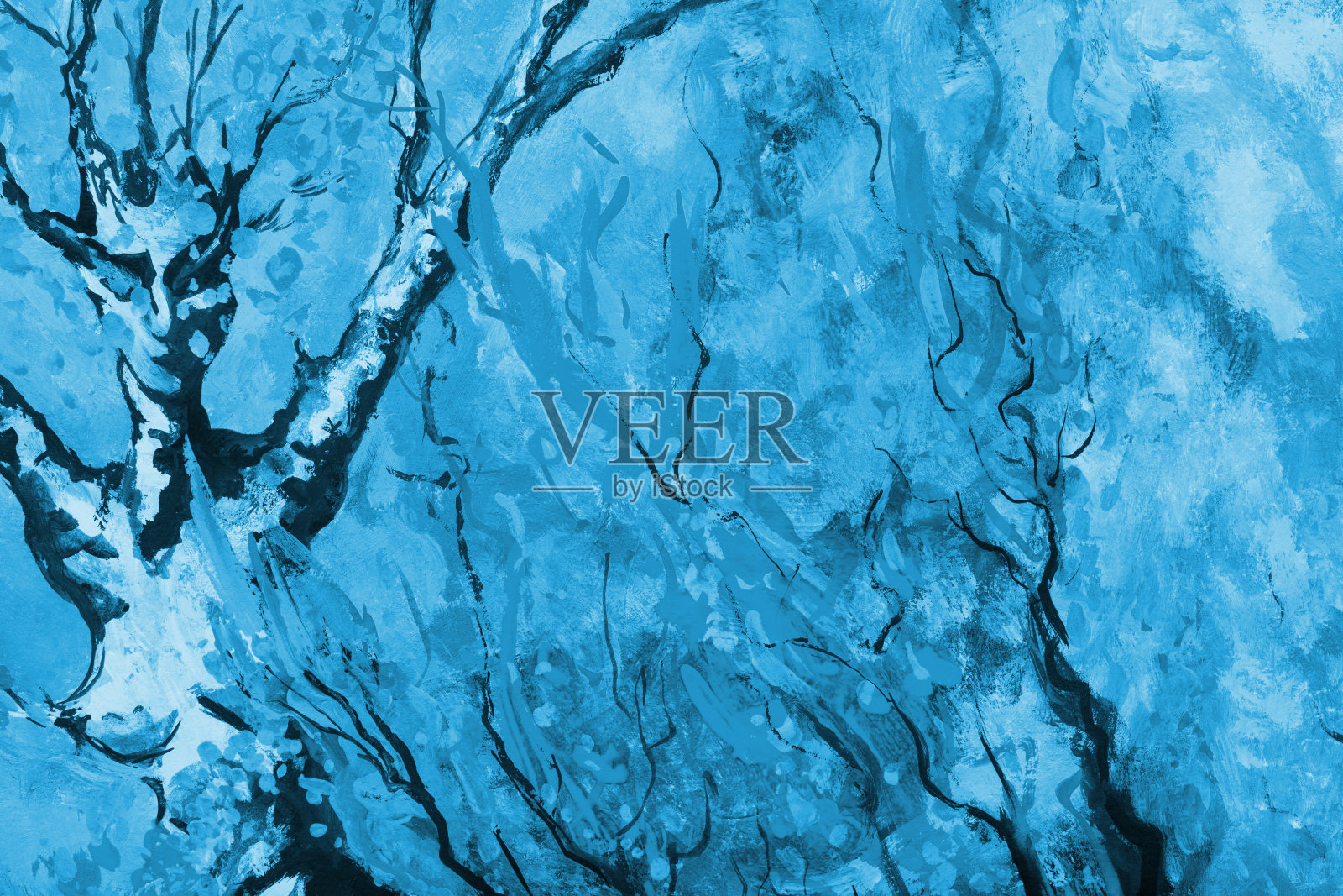 冬季插画景观桦树在蓝色色调油画印象派插画图片素材