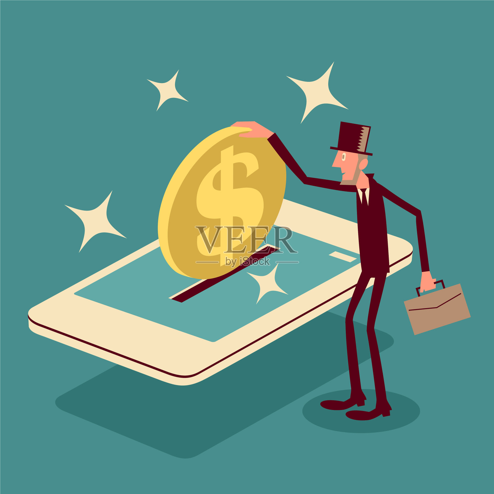 商人把一个美元符号硬币放入一个大的手机屏幕插画图片素材