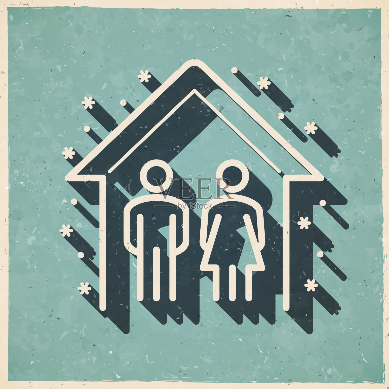 呆在家里，注意安全。图标在复古风格-旧纹理纸插画图片素材