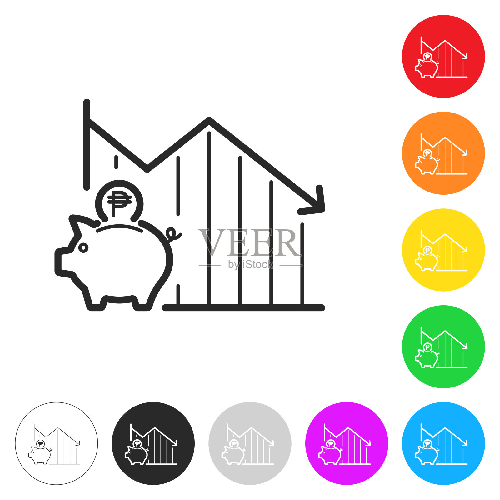 比索储蓄下降图表。彩色按钮上的图标插画图片素材