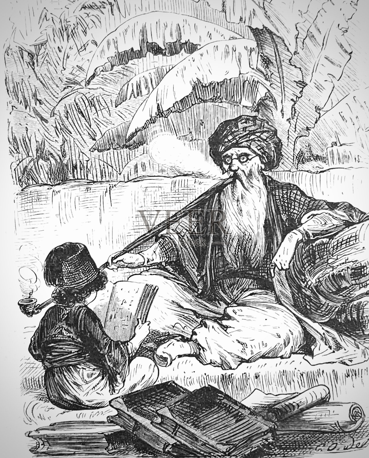 谢赫与使用超长水管的儿童交谈插画图片素材