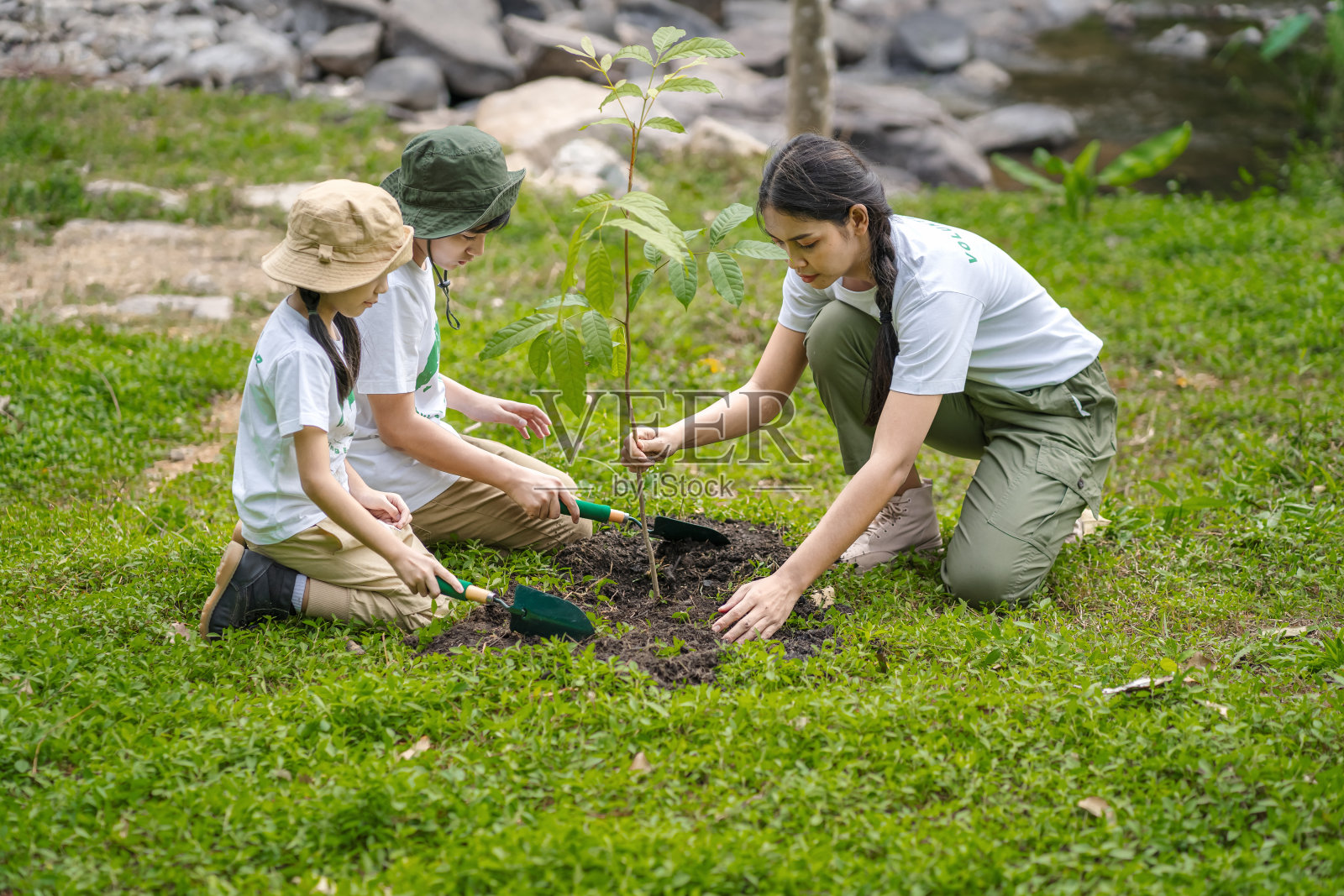 孩子们参加植树造林、保护地球的志愿者活动，向孩子们灌输耐心、牺牲、做好事、热爱自然的意识。照片摄影图片