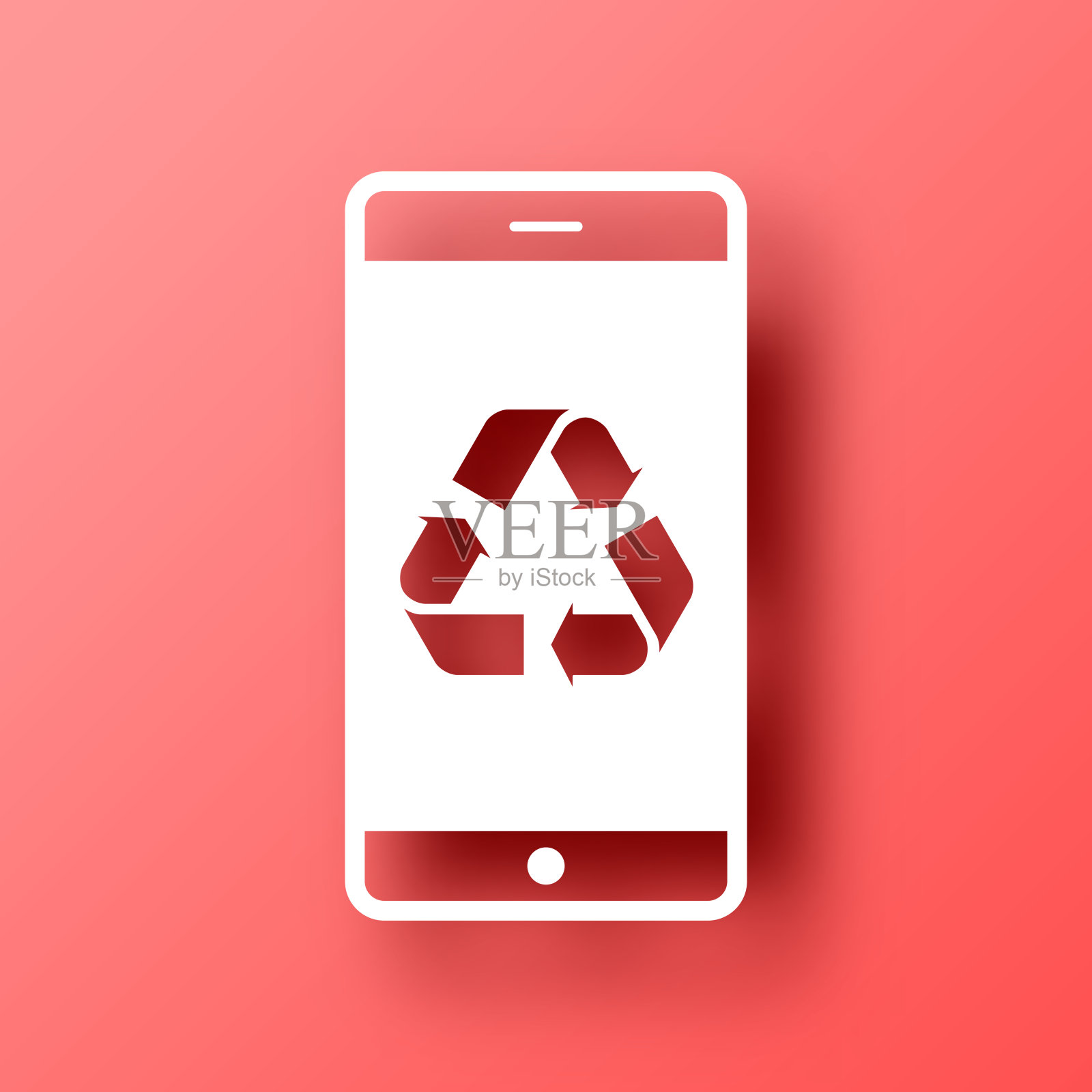带有回收标志的智能手机。图标在红色背景与阴影插画图片素材