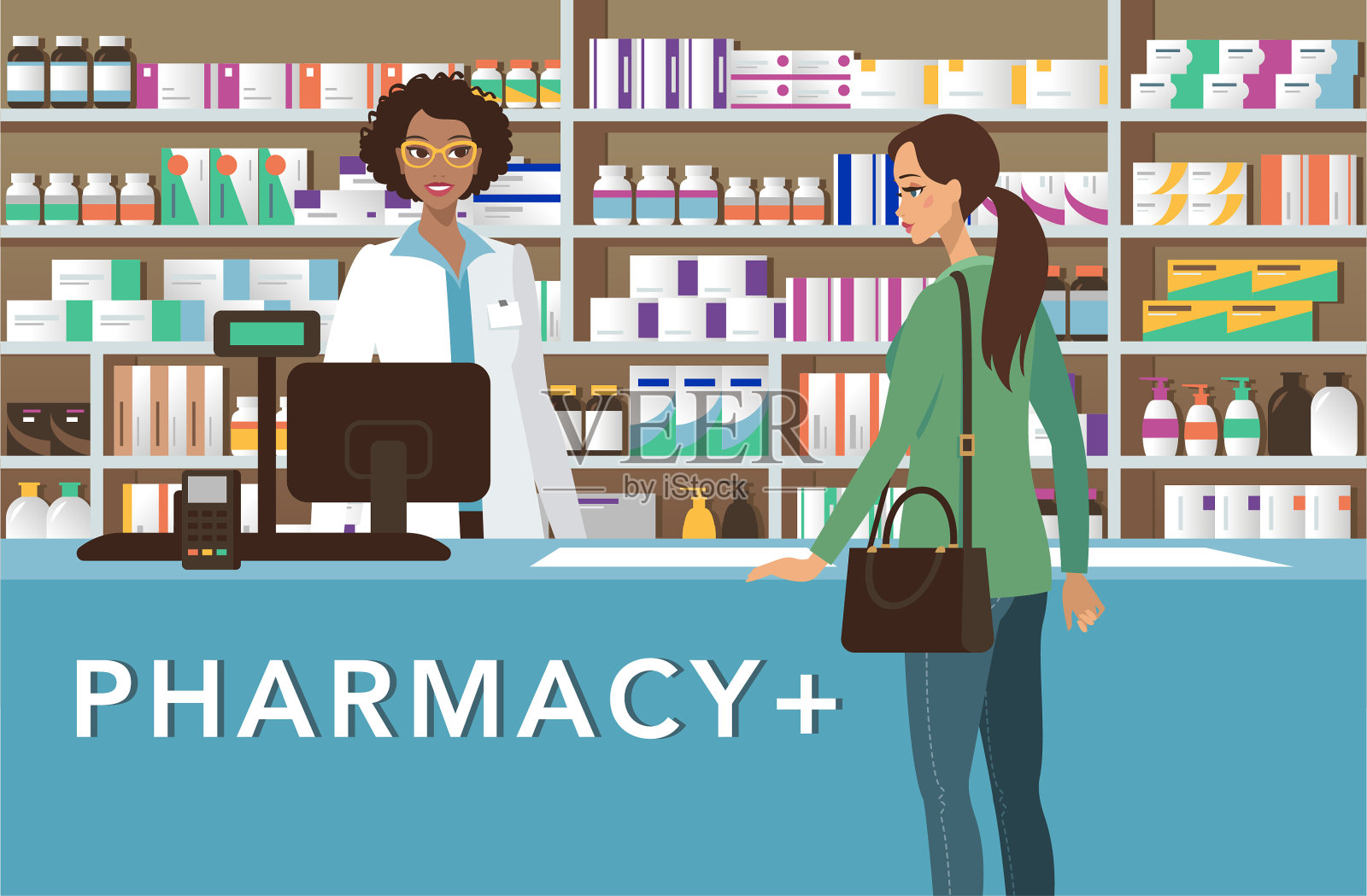 心情愉快的药剂师在药店插画图片素材