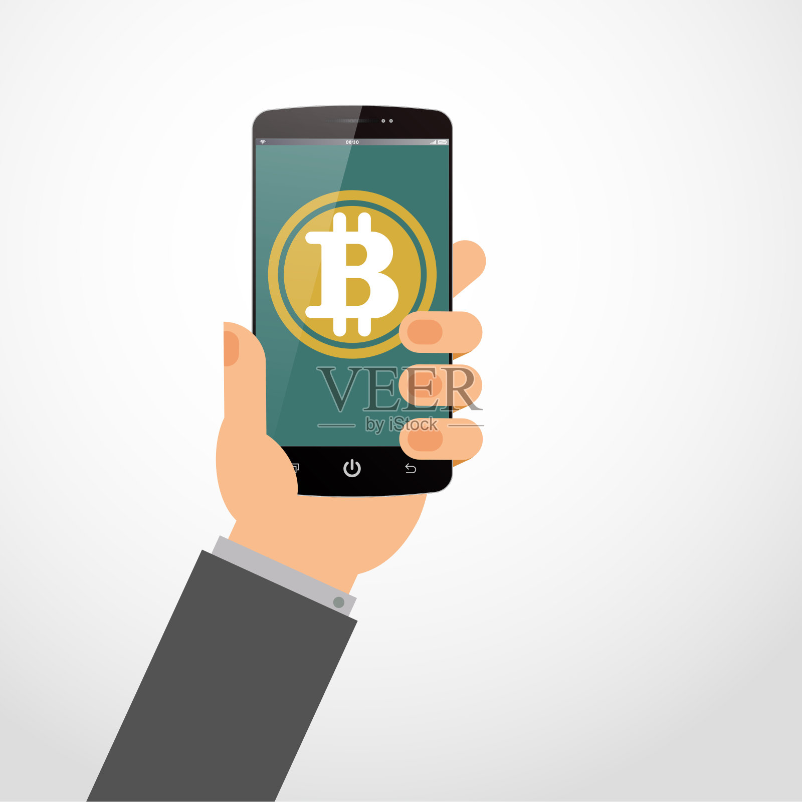 矢量手持智能手机与比特币孤立在白色插画图片素材