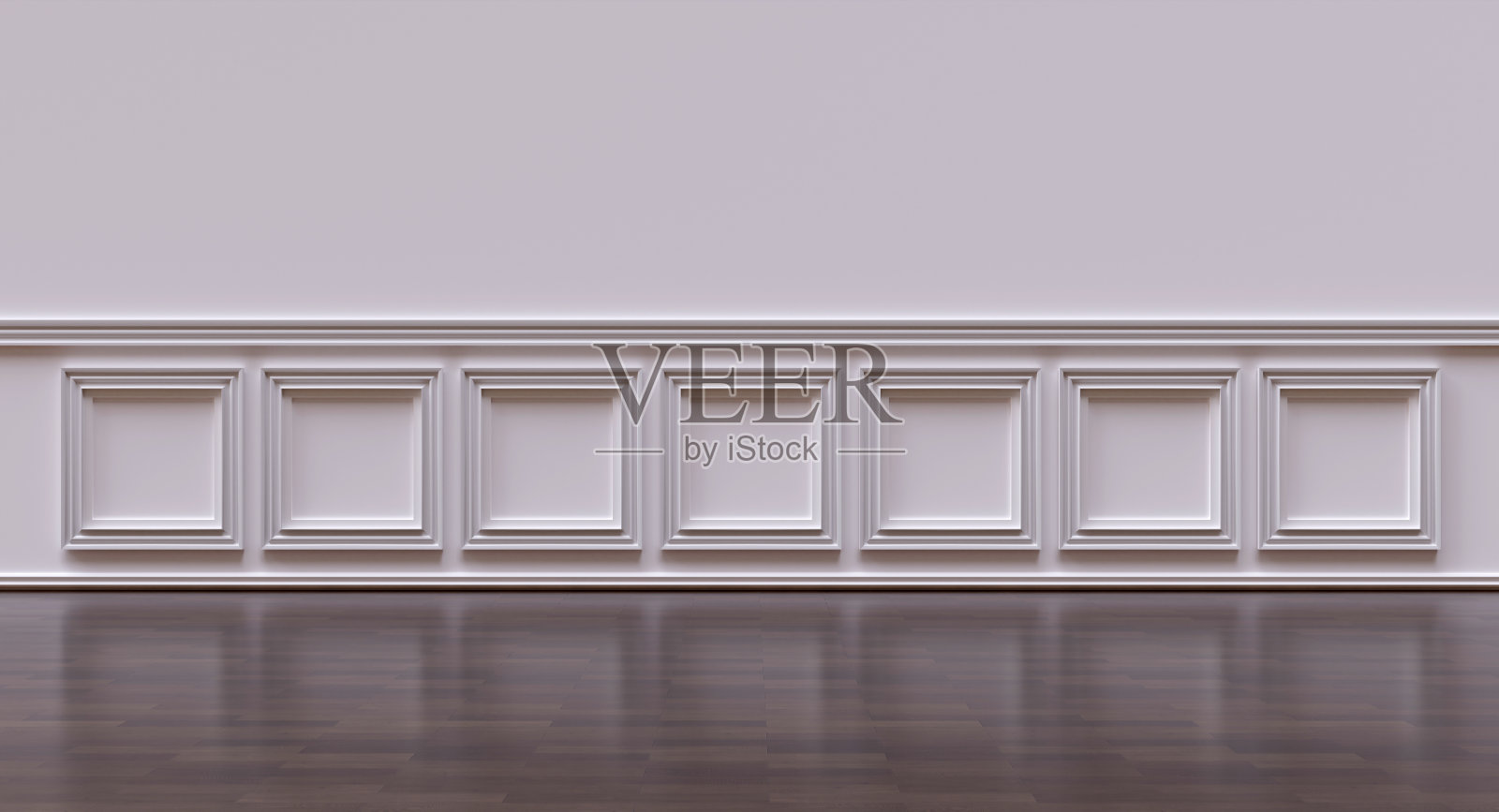 空墙上的经典白色护墙板。室内背景为复古板墙和木地板。木板装饰照片摄影图片