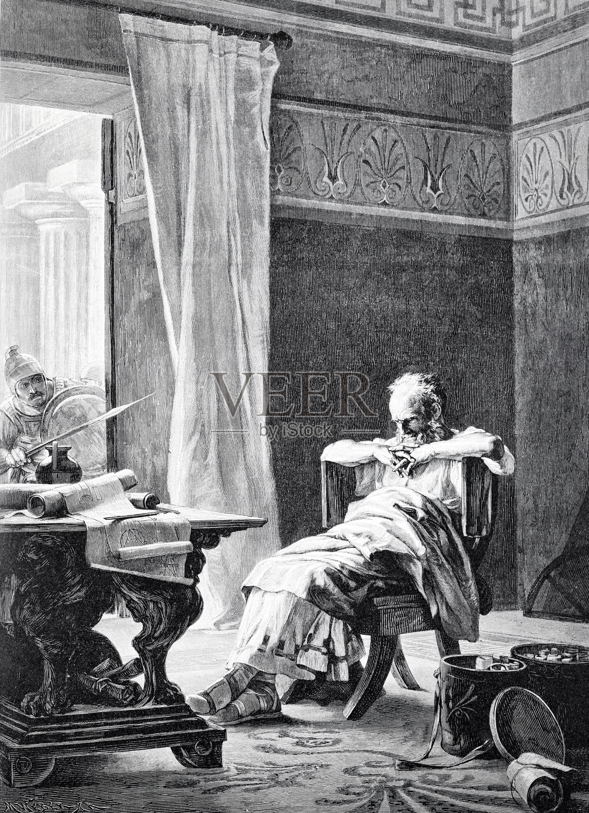 阿基米德坐在椅子上思考插画图片素材