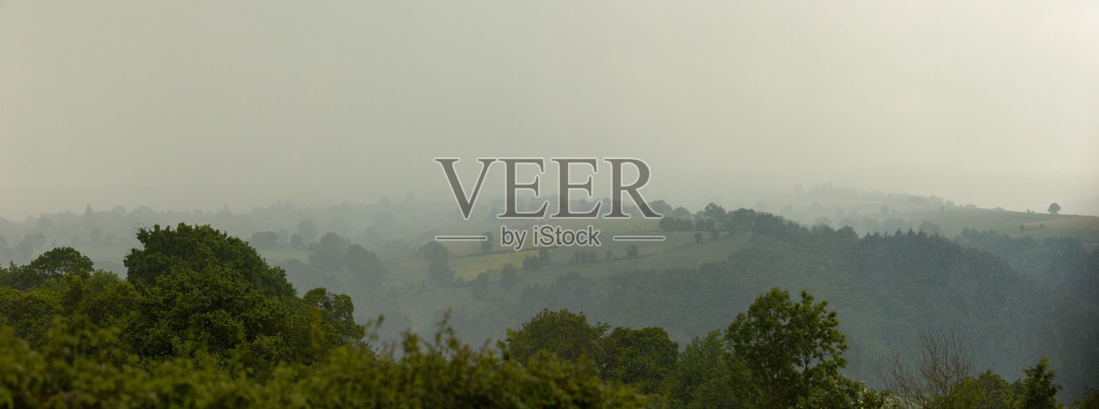 景色优美的山脉，前景中有高大的树木照片摄影图片