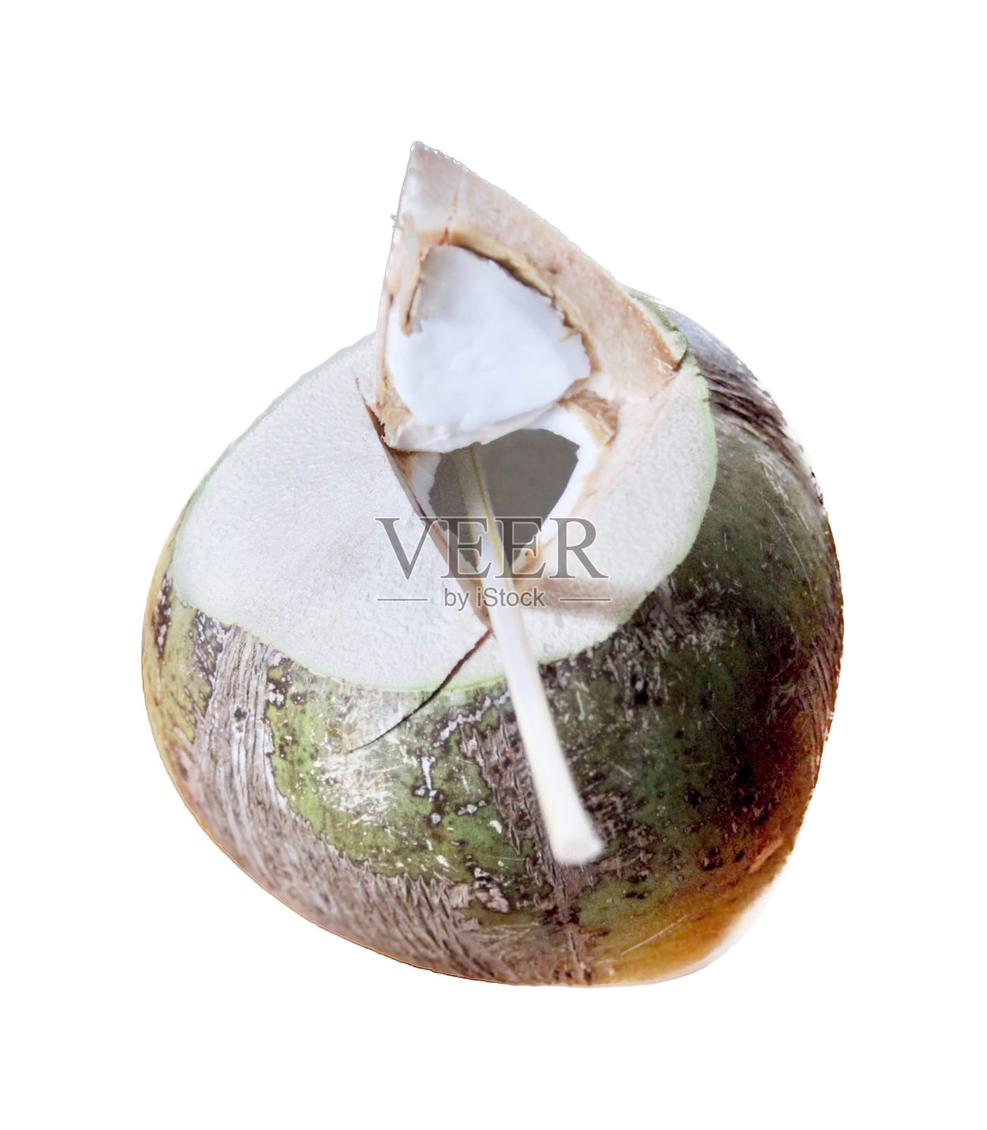这是一个椰子的照片，上面有一个椰子的碎片，在一个白色的表面上。照片摄影图片