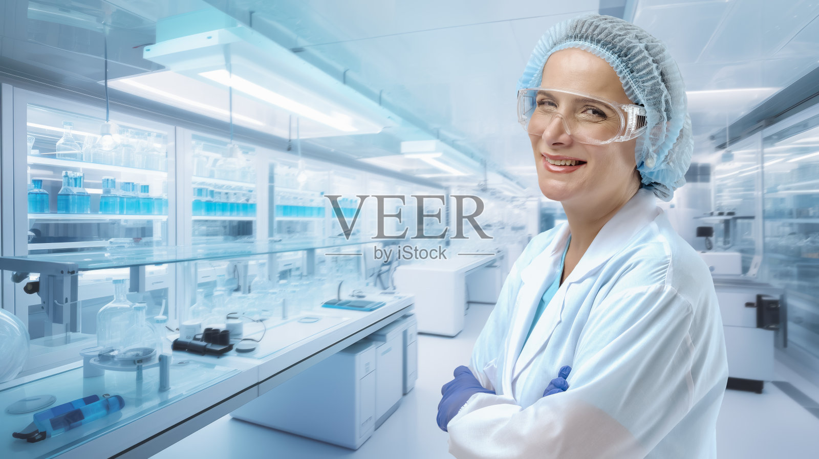 一位西班牙裔女性研究科学家的肖像，她穿着实验室工作服，戴着防护眼镜，站在研究实验室的前沿技术中照片摄影图片