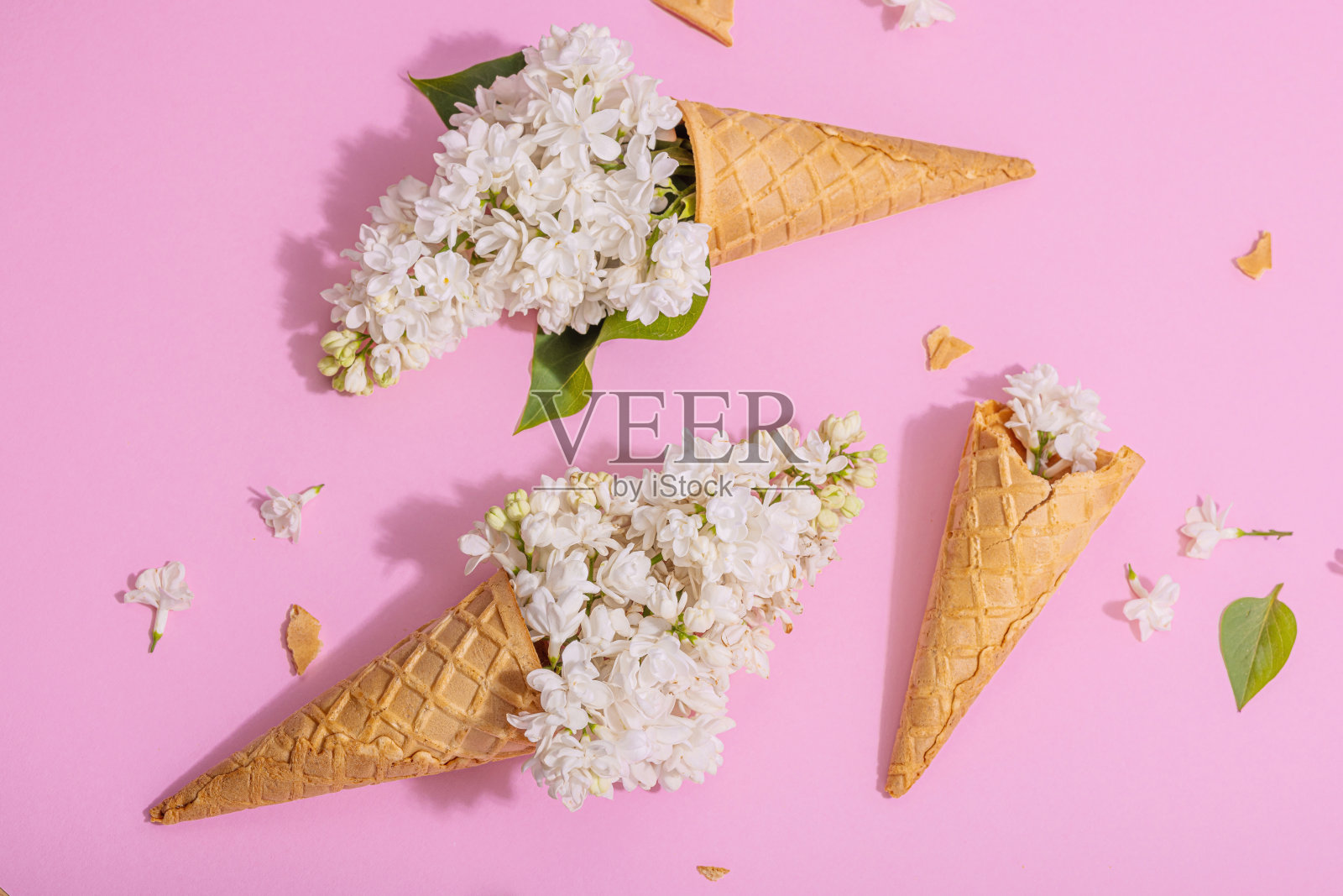 白色丁香花在华夫冰淇淋甜筒粉红色的背景。平躺照片摄影图片