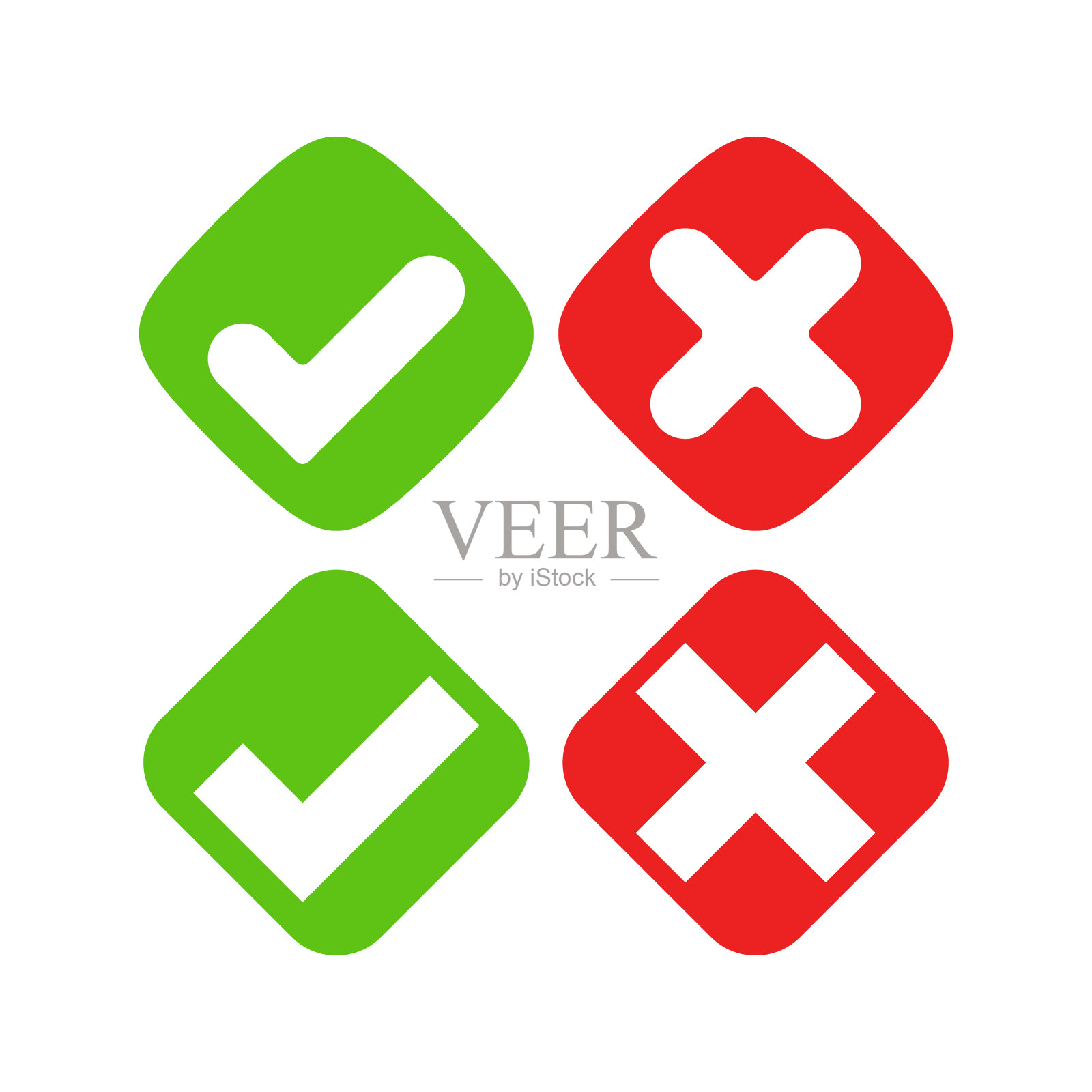 一组红色和绿色的十字和复选标记按钮的界面。一组绿色和红色的叉和复选标记，是，否，对，错，批准，拒绝插画图片素材