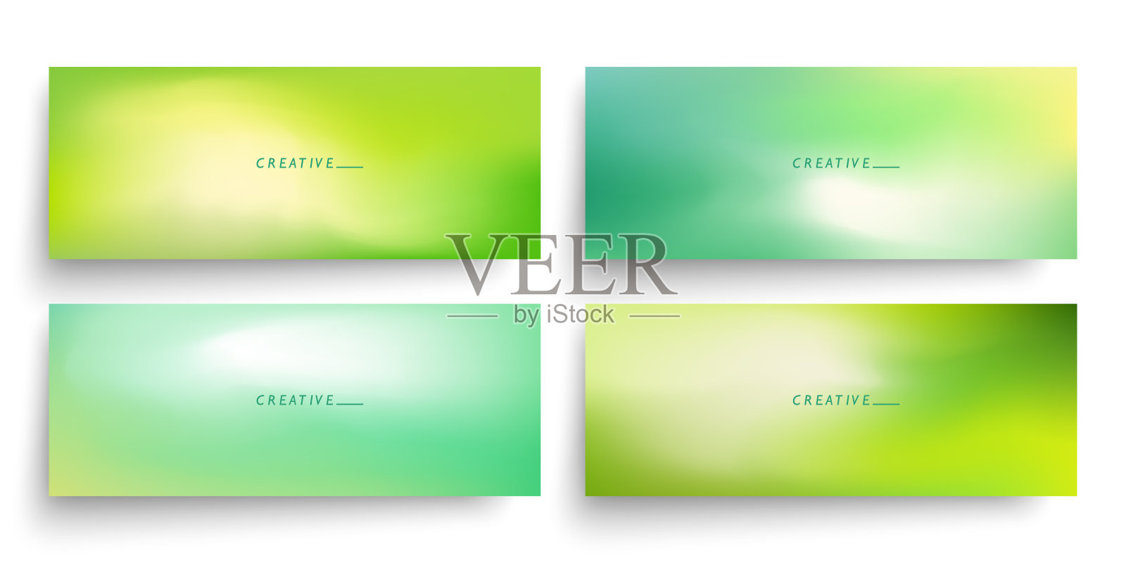 一组散焦水平横幅与明亮的绿色渐变。模糊的充满活力的模板为新鲜的春天图形设计。插画图片素材