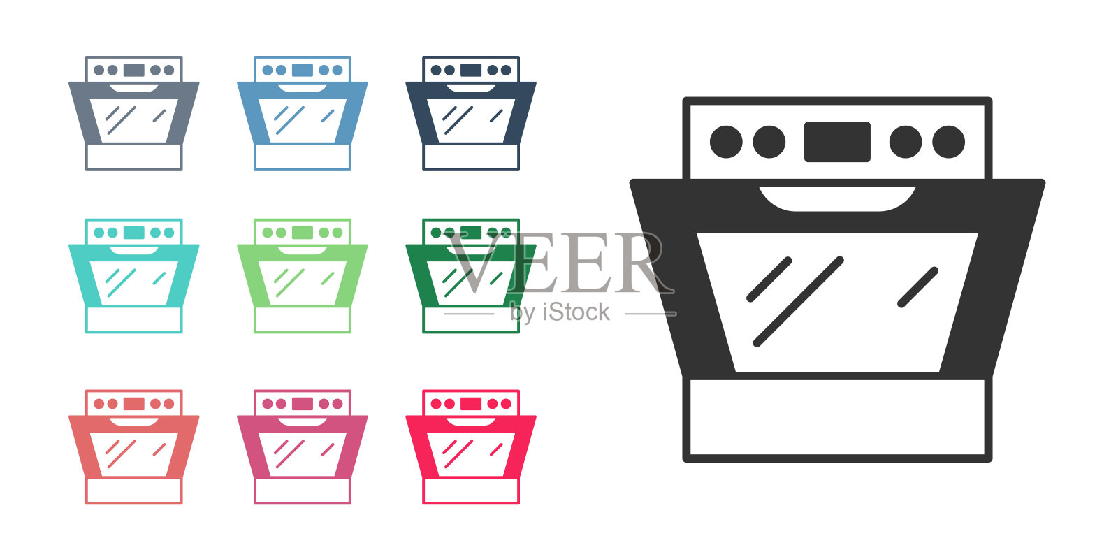 黑色烤箱图标孤立在白色背景。煤气灶标志。设置图标彩色。向量图标素材