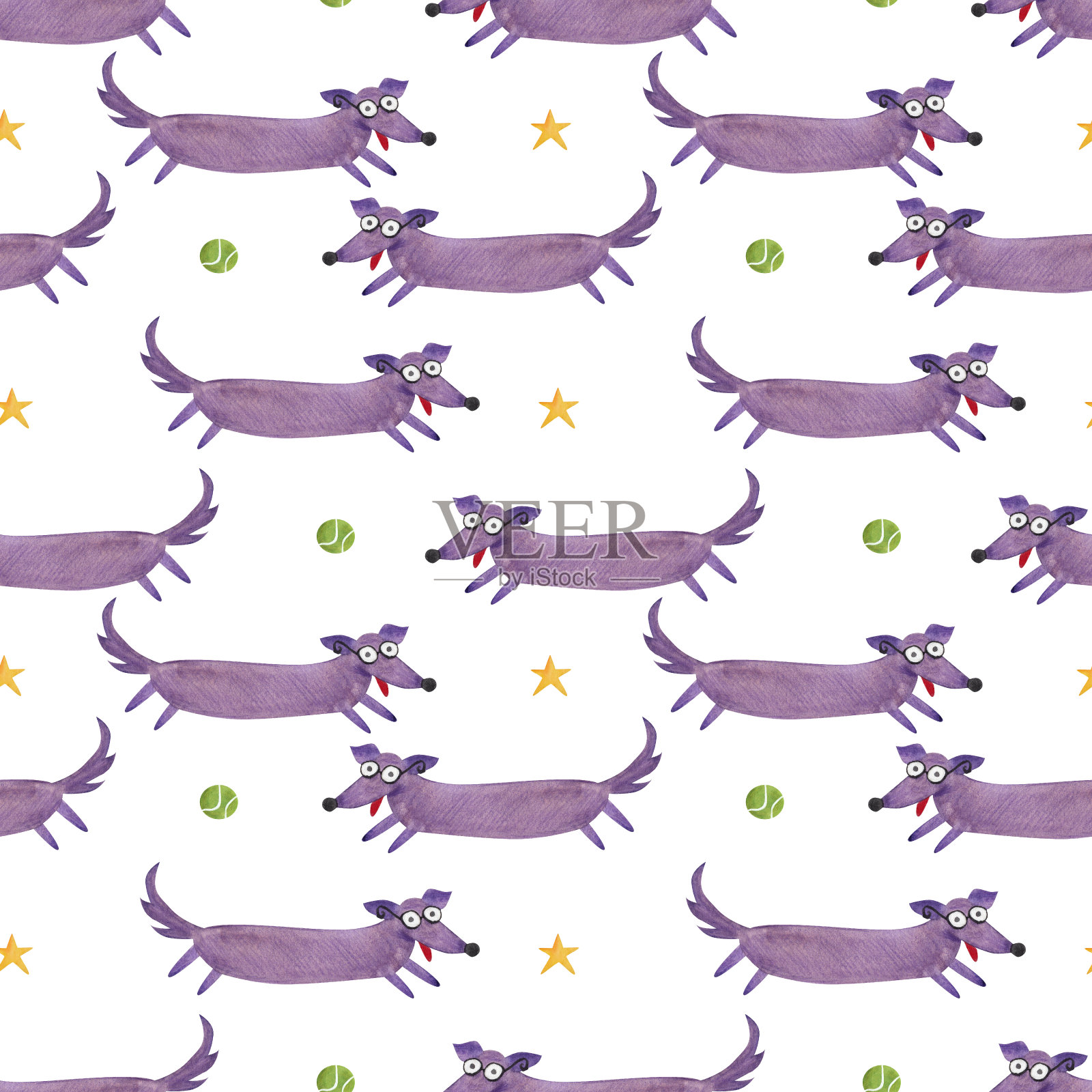 紫色的小猎犬。无缝模式。在卡通风格的水彩插图插画图片素材
