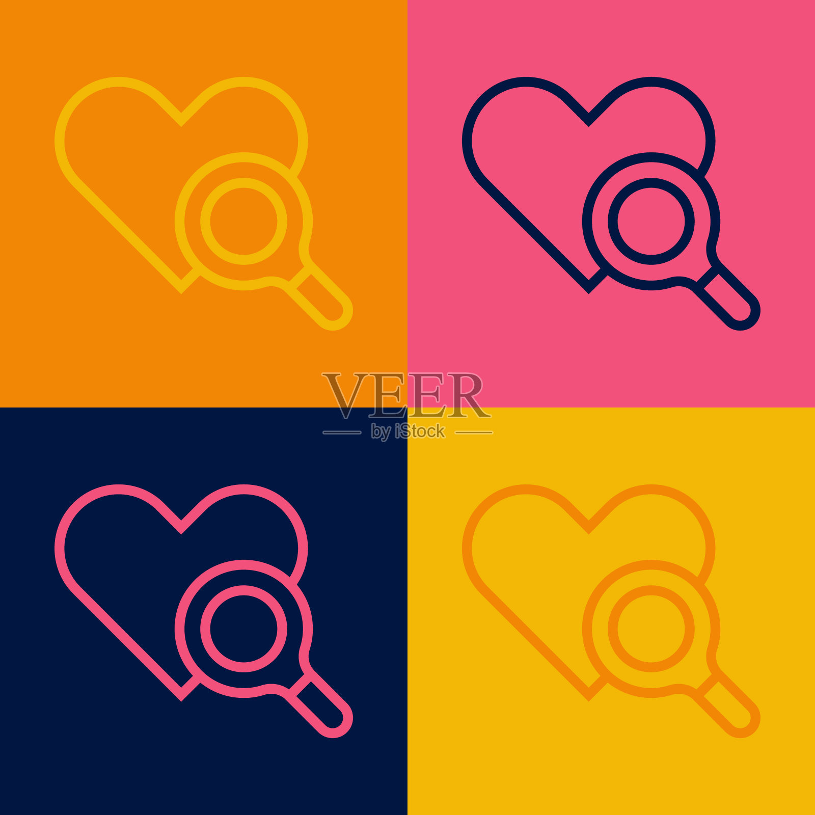 波普艺术线医学心脏检查图标孤立的彩色背景。心脏放大镜搜索。向量插画图片素材