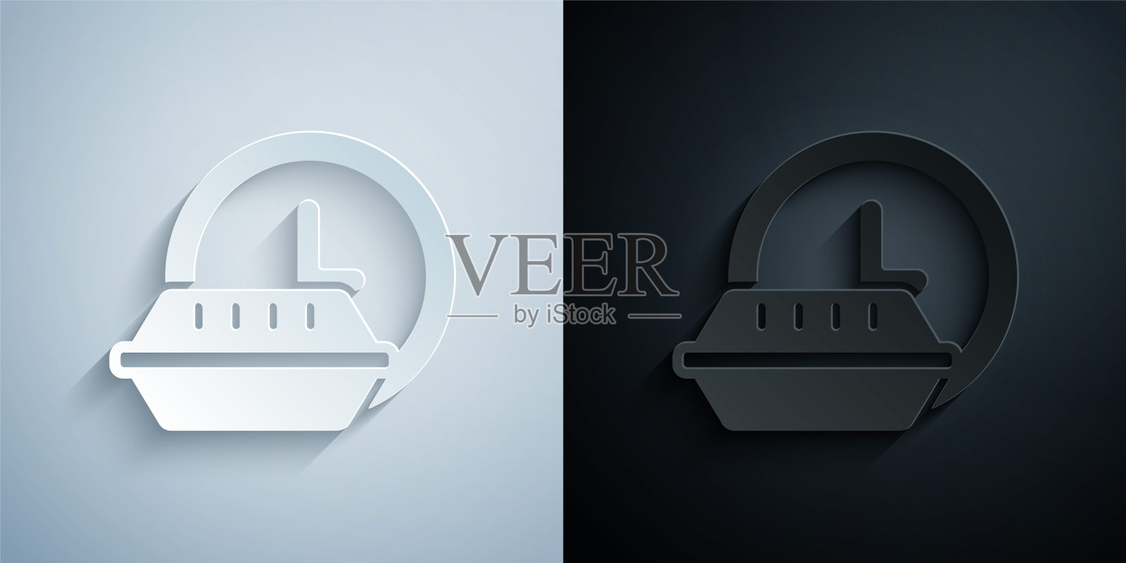 在灰色和黑色背景上隔离的全天候送货图标。纸艺风格。向量插画图片素材