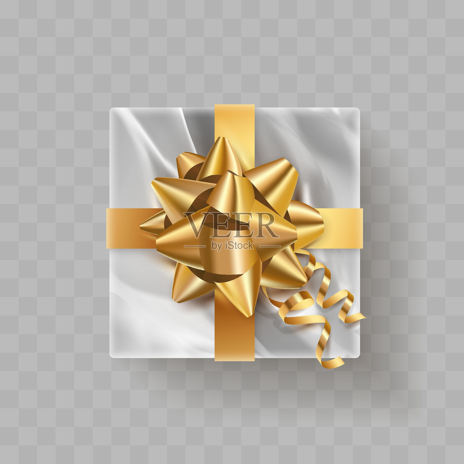 顶视图银箔礼盒与金蝴蝶结和金丝带。新年快乐，圣诞明信片，横幅，装饰，设计，透明背景艺术插图。插画图片素材