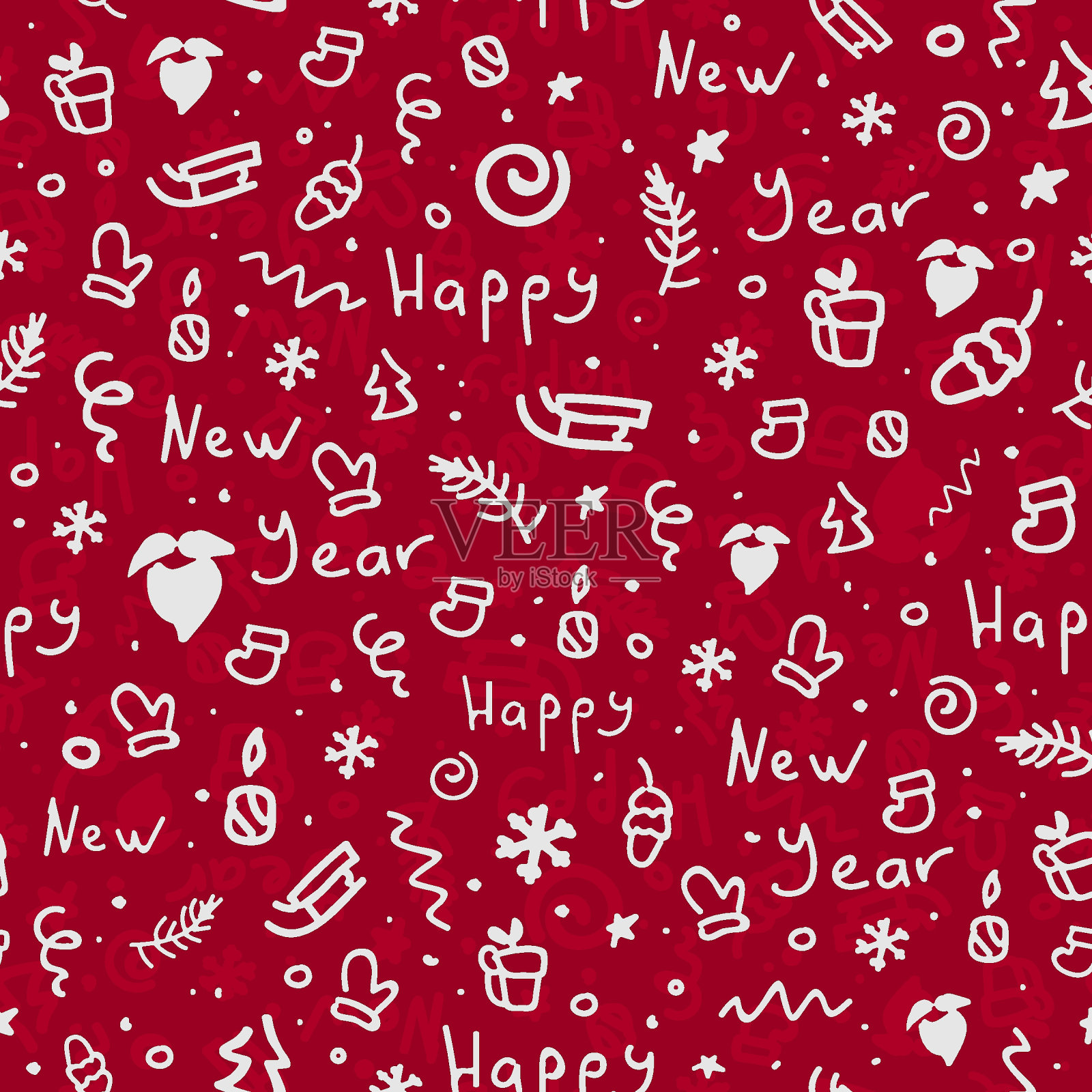 圣诞节的红色背景配上白色的雪花、星星、树枝、圣诞树、圣诞老人、礼物和贺词，新年快乐。无缝模式。圣诞节日设计、装饰。矢量插图。插画图片素材
