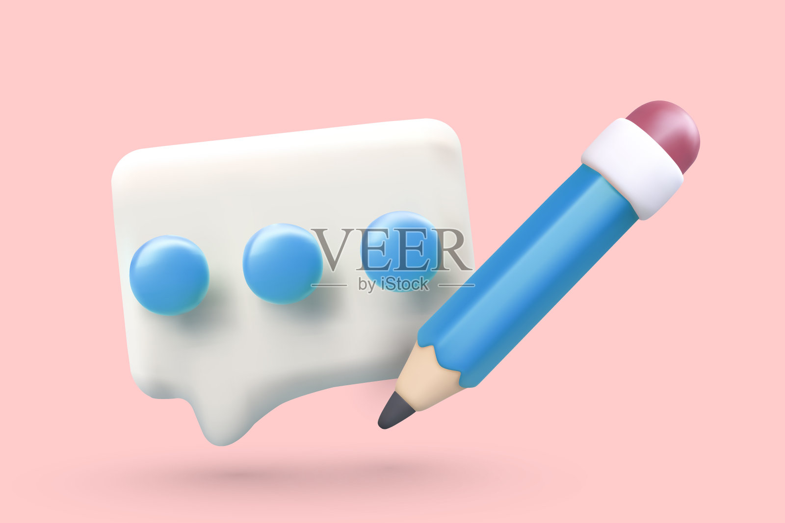现实的评论图标，铅笔在粉红色的背景。反馈泡沫插画图片素材