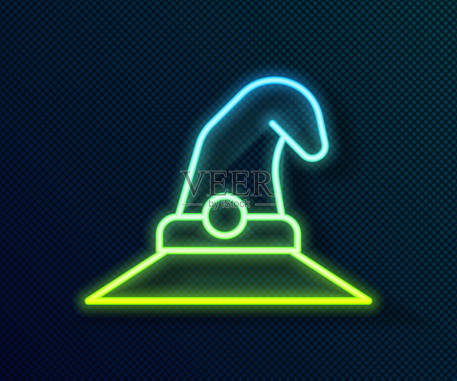 发光的霓虹灯线女巫帽子图标孤立的黑色背景。万圣节派对快乐。向量插画图片素材