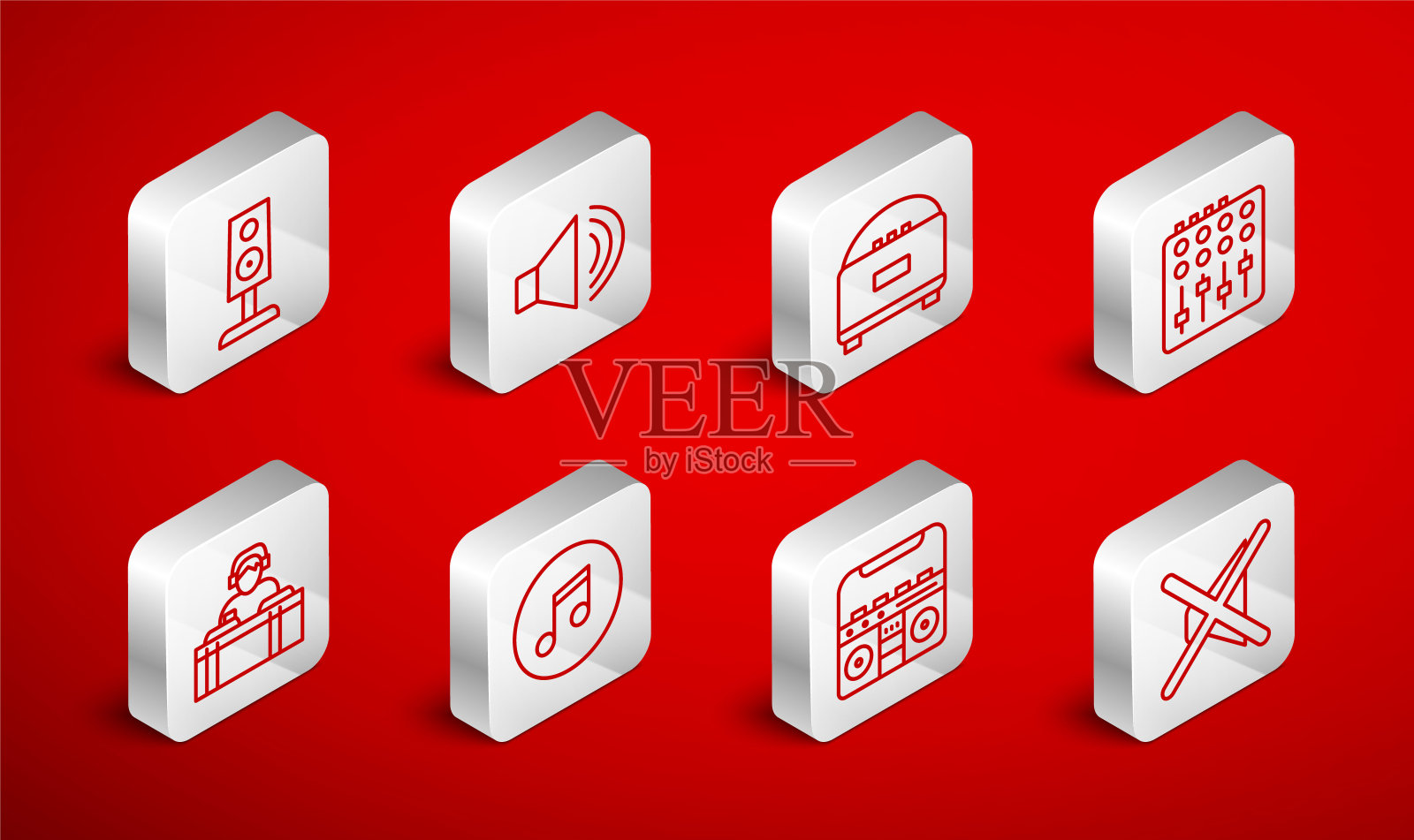 设置线扬声器静音，音量，立体声扬声器，混音控制器，家庭立体声扬声器，音乐笔记，音调和DJ播放音乐图标。向量图标素材