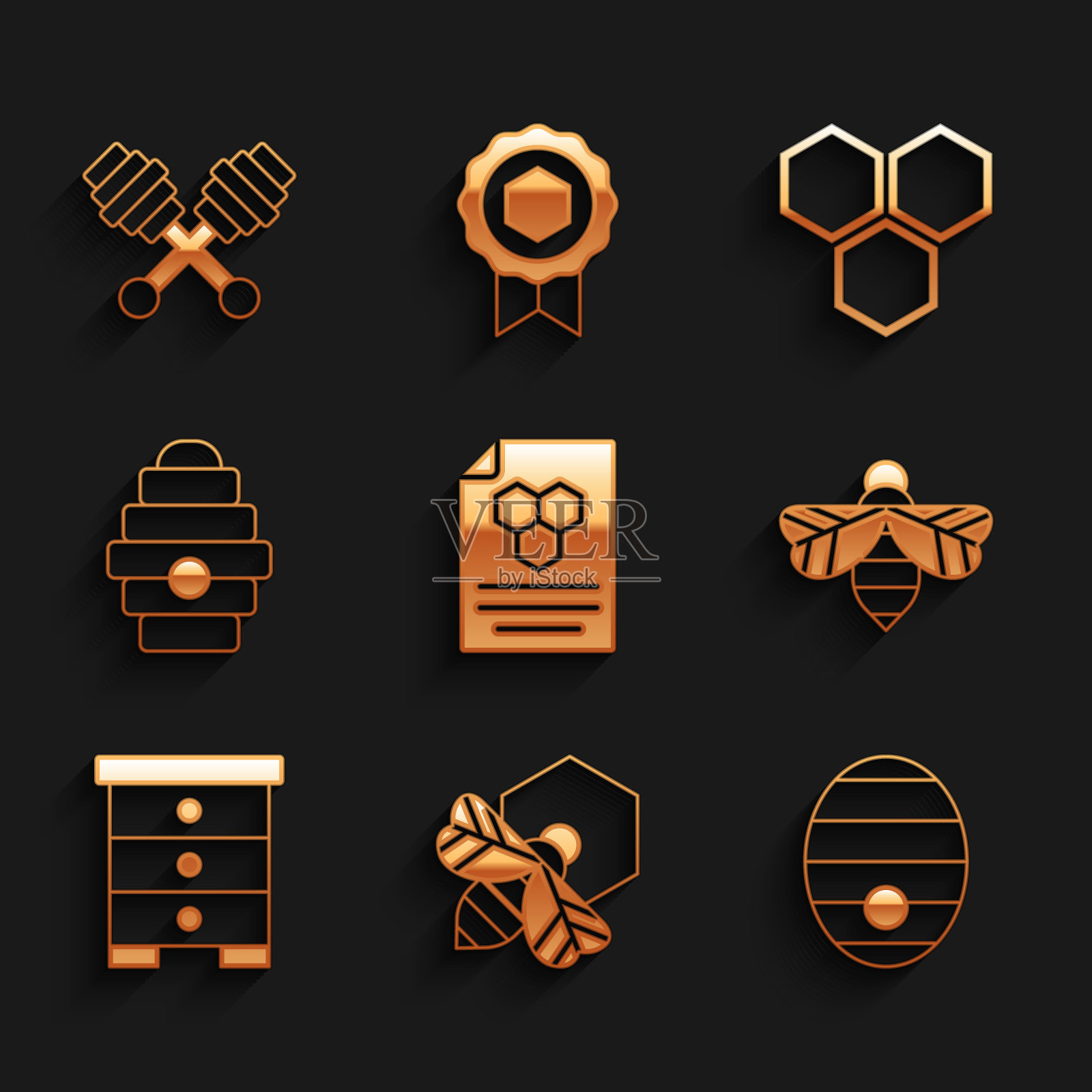 设置蜂巢，蜜蜂和蜂巢，蜂巢为蜜蜂，和勺棒图标。向量图标素材