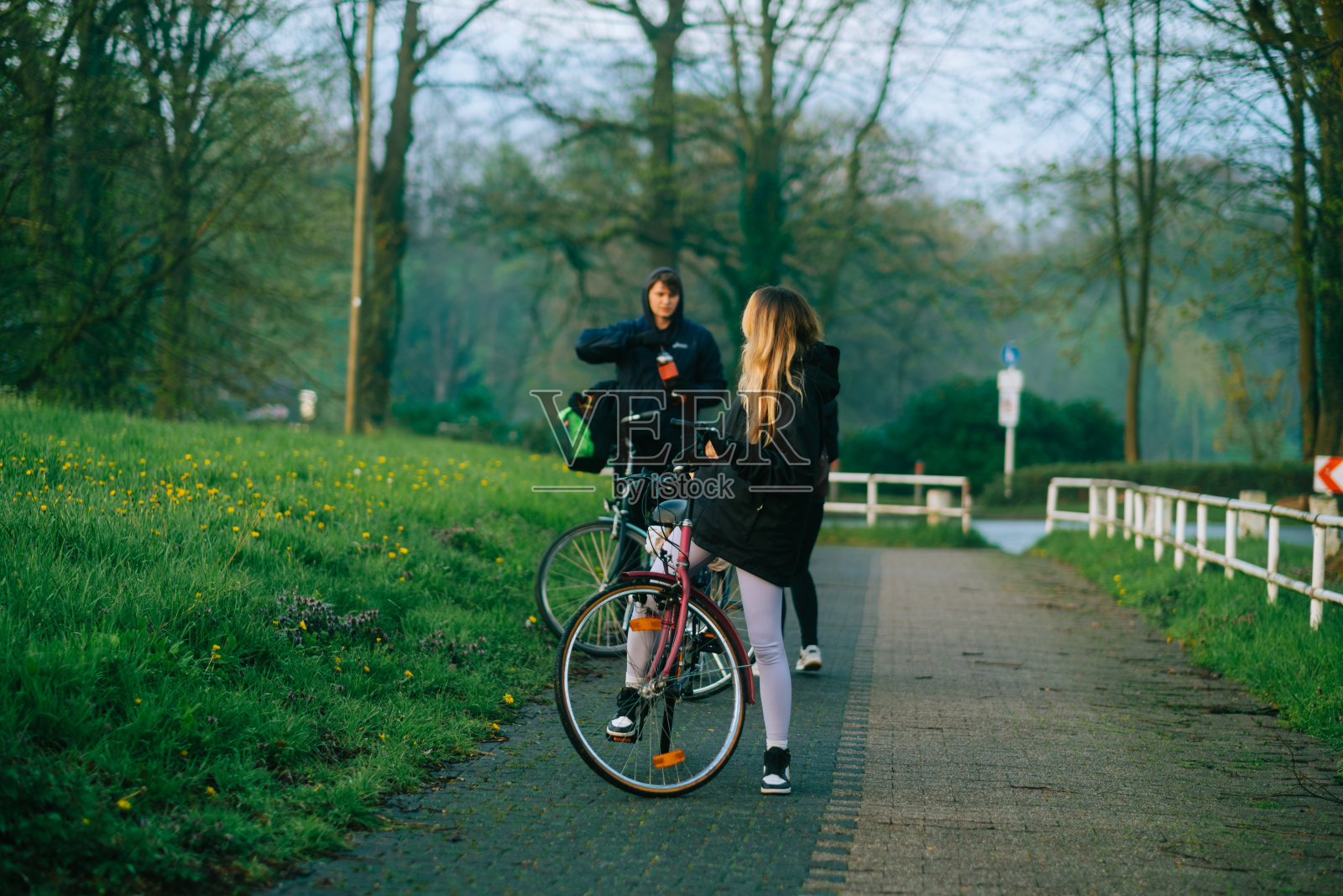 一群骑自行车的人在自行车旅行中停在公园里。照片摄影图片