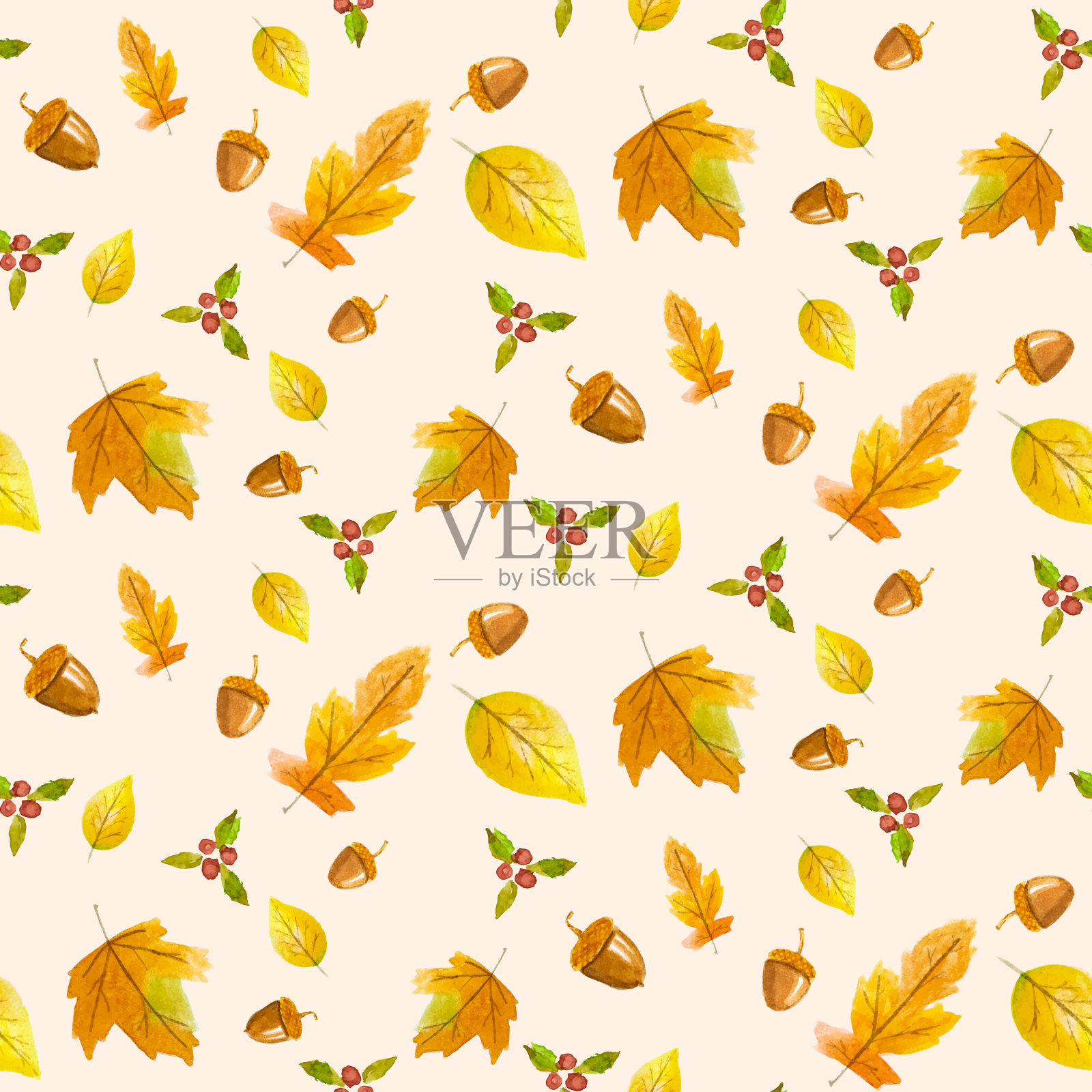 秋天的无缝图案与橡子和浆果，枫叶和橡树叶在白色的背景。适合壁纸，包装纸，织物，季节性假期。手绘矢量图插画图片素材