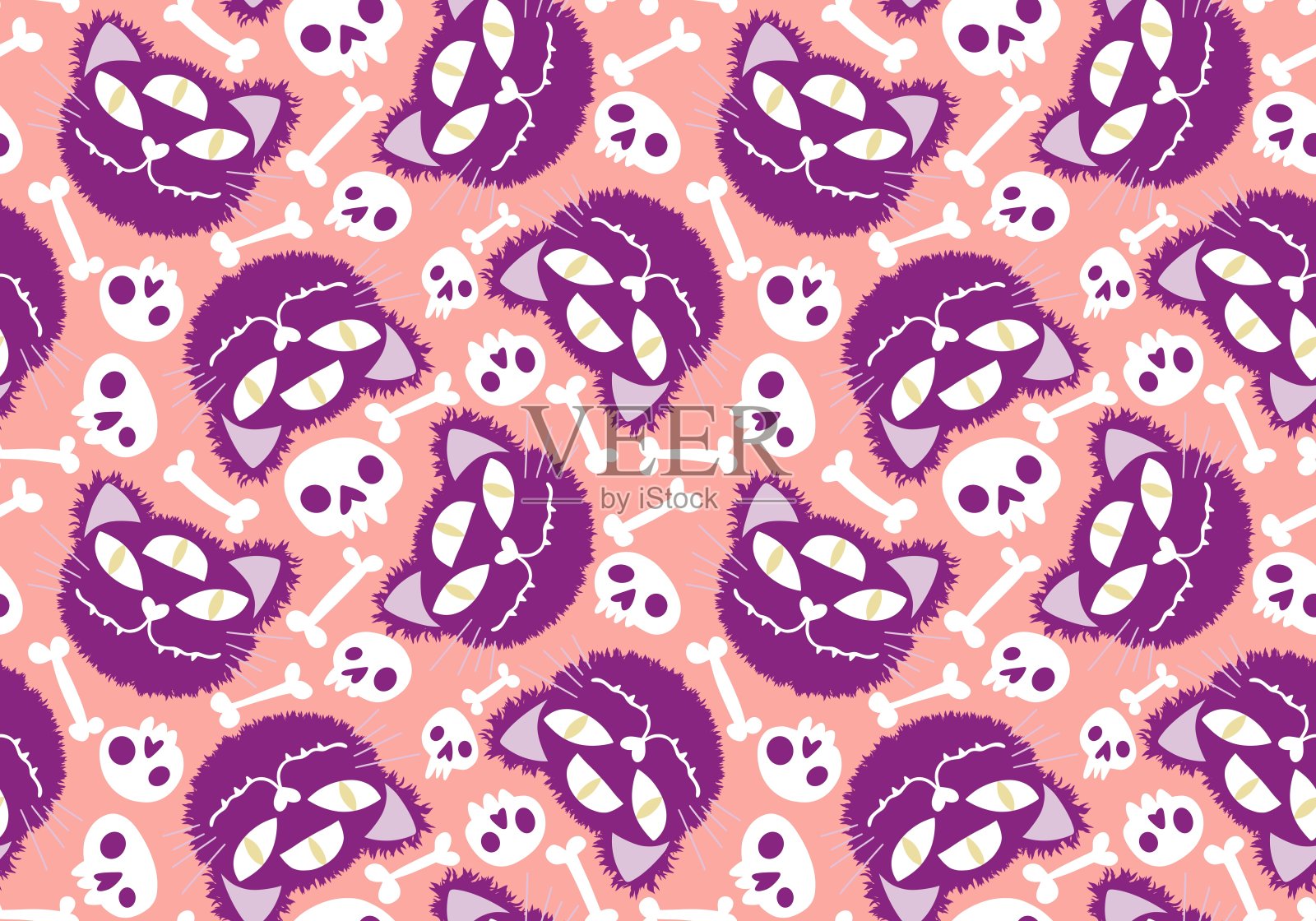 万圣节无缝猫图案用于织物和纺织品及包装插画图片素材