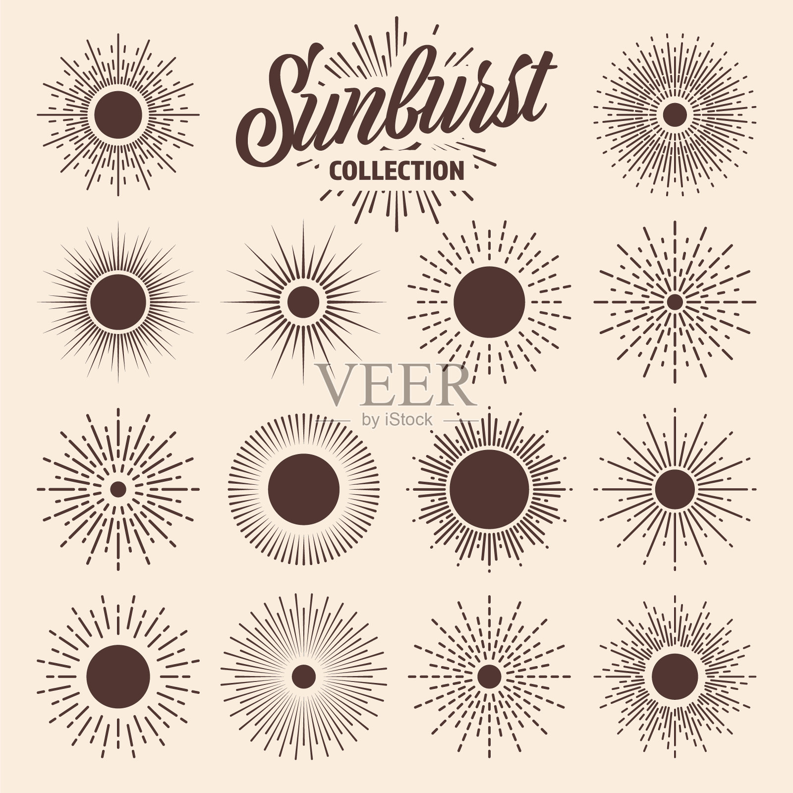 复古的阳光，日落光束收集。手绘出阵阵阳光，光芒四射。复古风格的标志或字体设计元素。矢量图插画图片素材