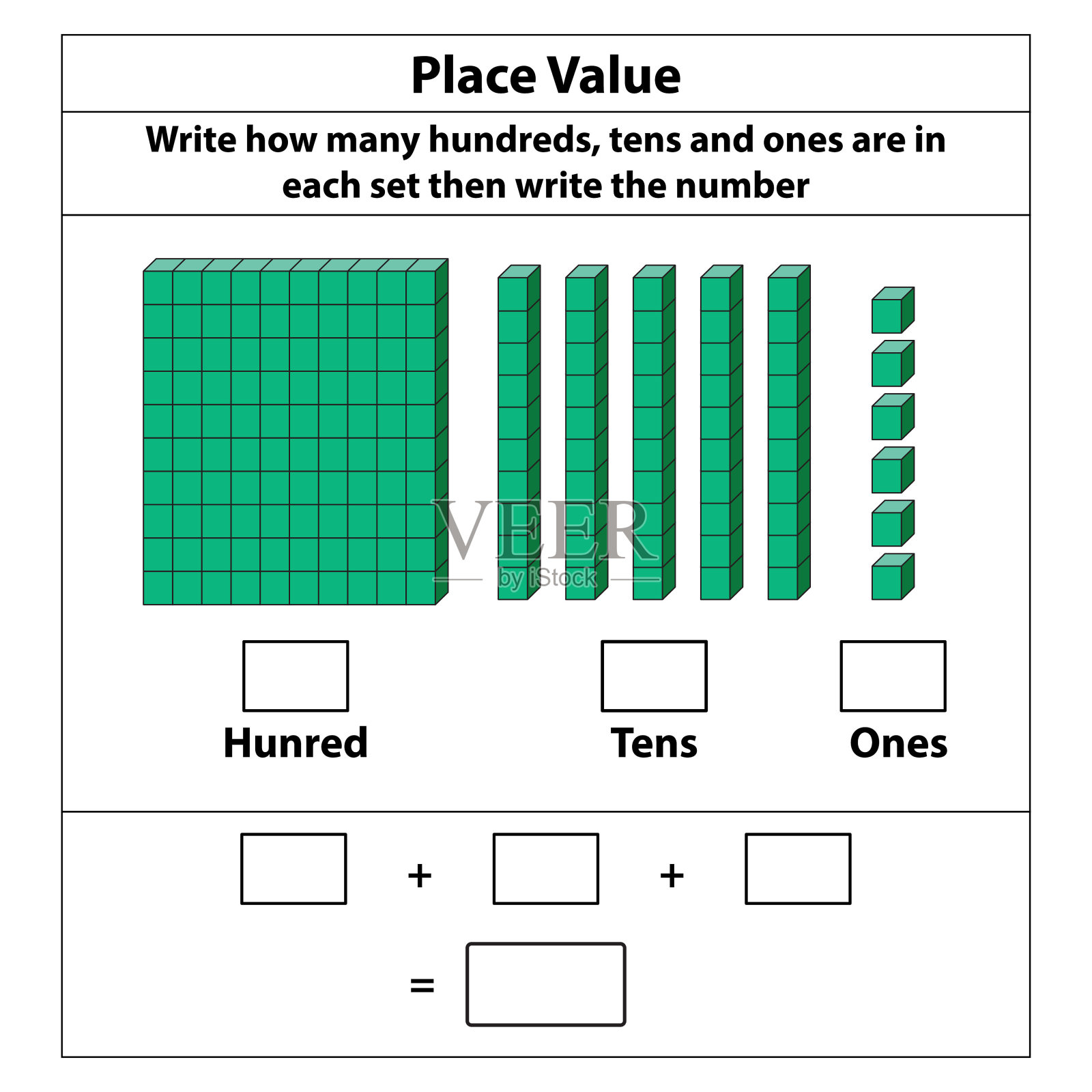 位值为百位，十位和一。10块。还有单个街区。矢量插图隔离在白色背景上。插画图片素材