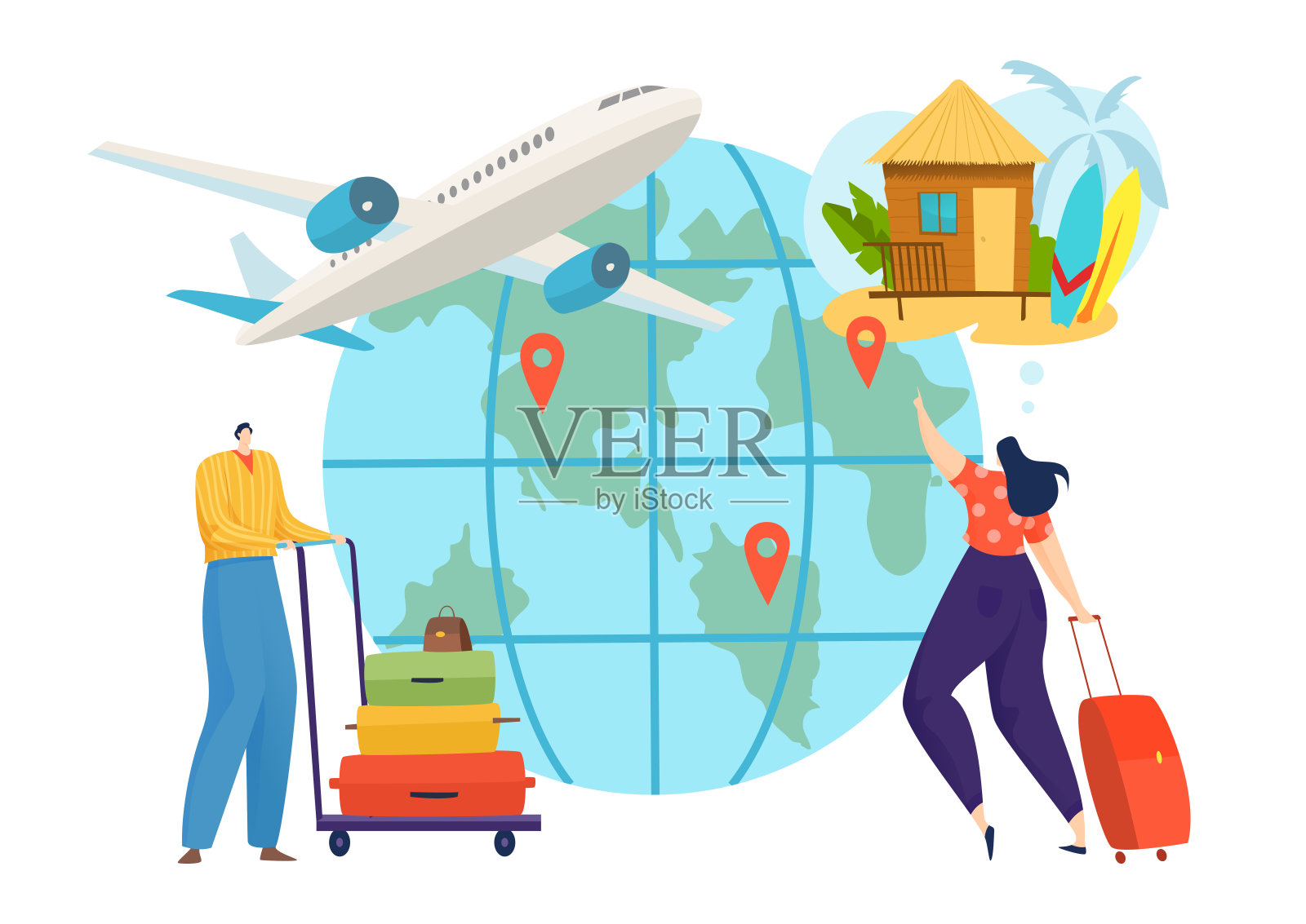 行星旅行度假时，人们旅行时采用平面矢量插画。平人旅游特色有度假旅游插画图片素材