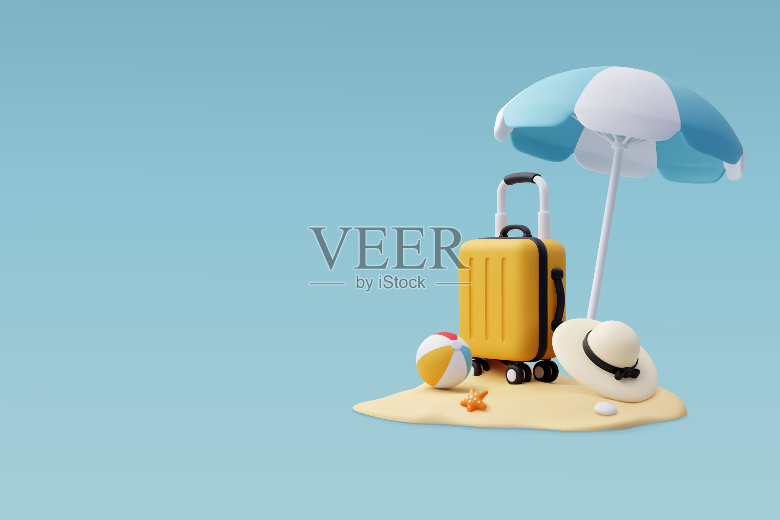 三维矢量行李，蓝色的伞和球，暑假，时间去旅行的概念。插画图片素材