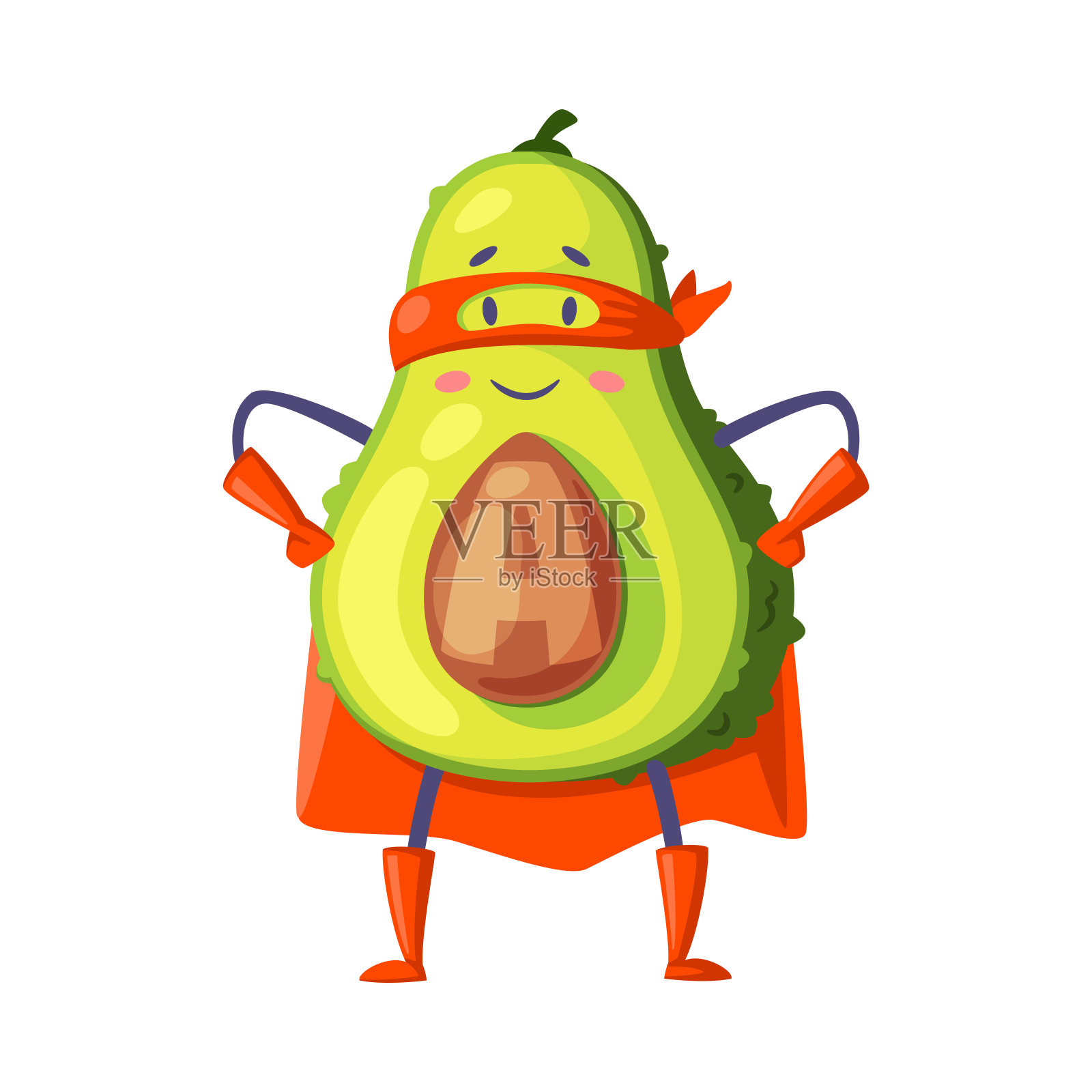 绿色鳄梨超级英雄人物站在红色斗篷或斗篷和面具正义战士矢量插图插画图片素材