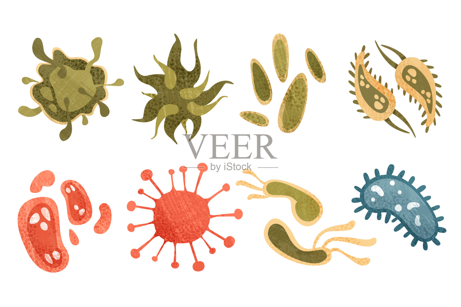 水彩病毒细胞集。彩色细菌和细菌载体插图插画图片素材
