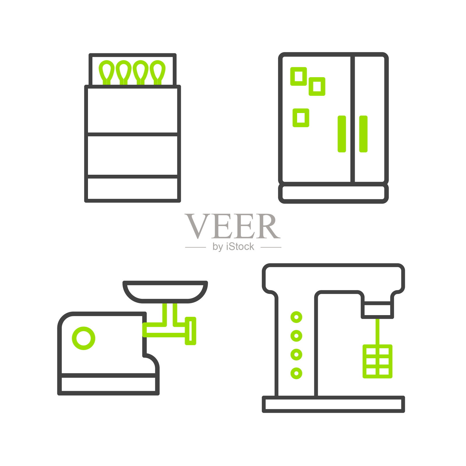 设置线电动搅拌机，厨房绞肉机，冰箱和打开火柴盒和火柴图标。向量图标素材
