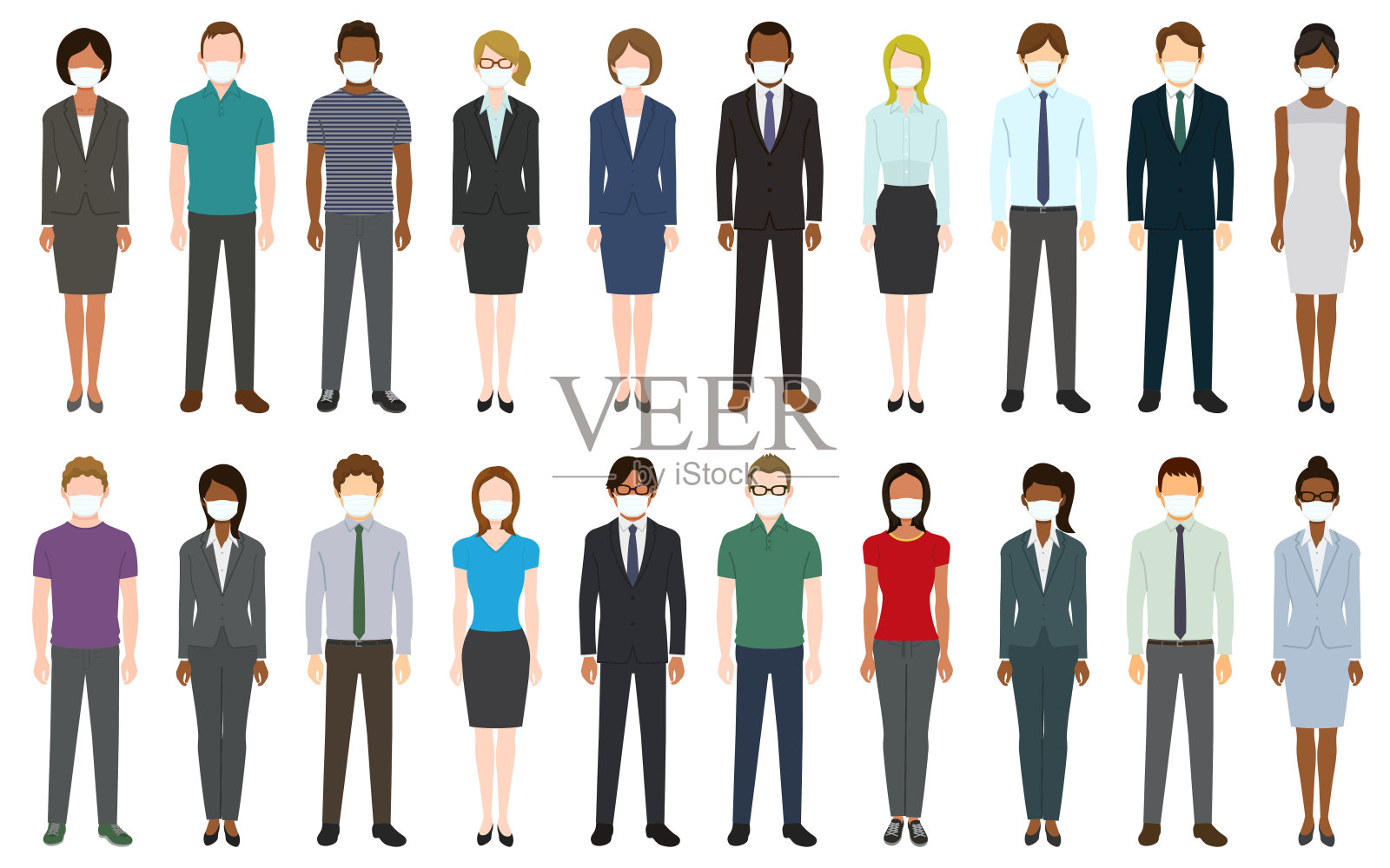 戴着医用口罩保护自己免受病毒感染的人群插画图片素材