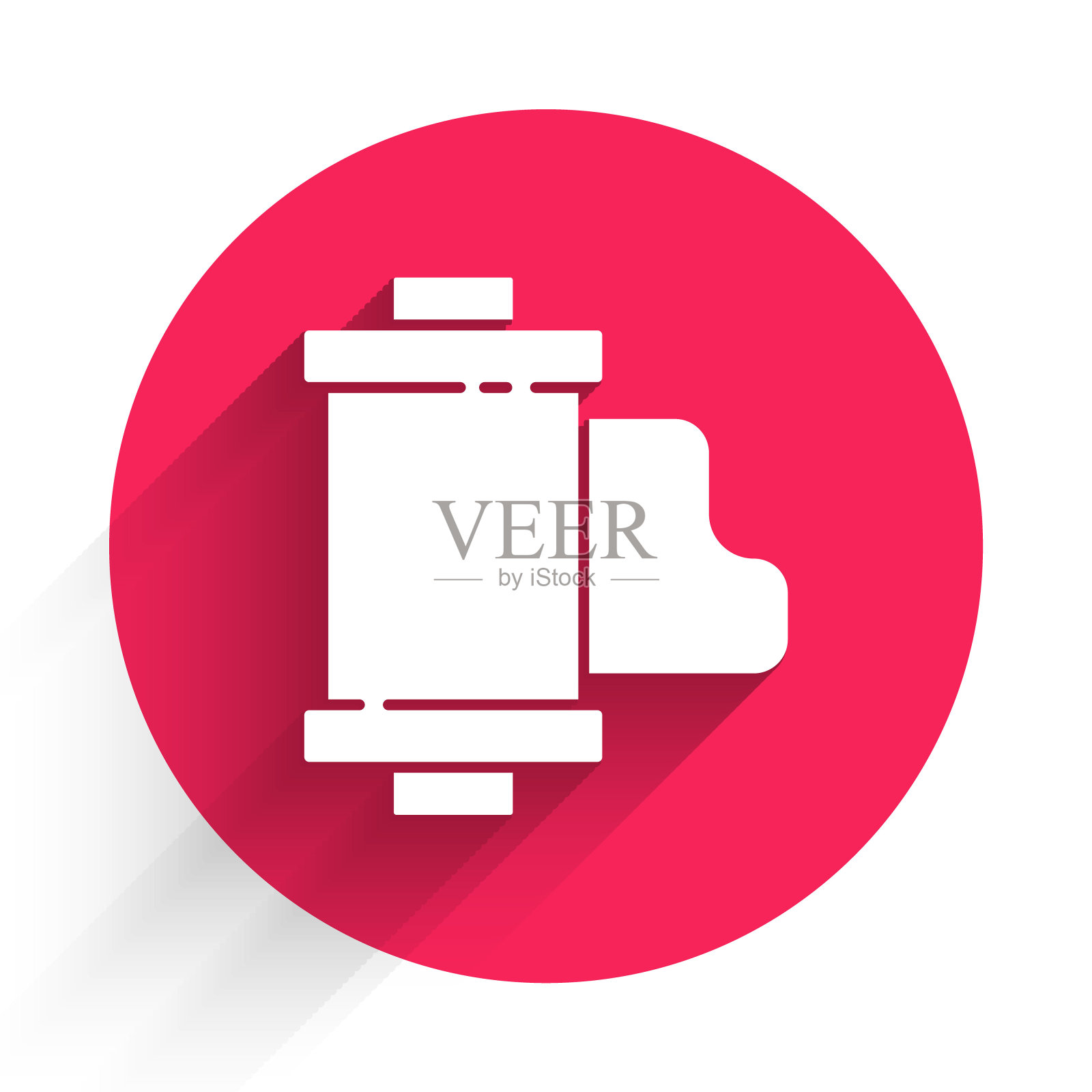 白色相机复古胶卷墨盒图标孤立与长阴影。35毫米电影罐。幻灯片摄影设备。红色圆圈按钮。矢量图插画图片素材