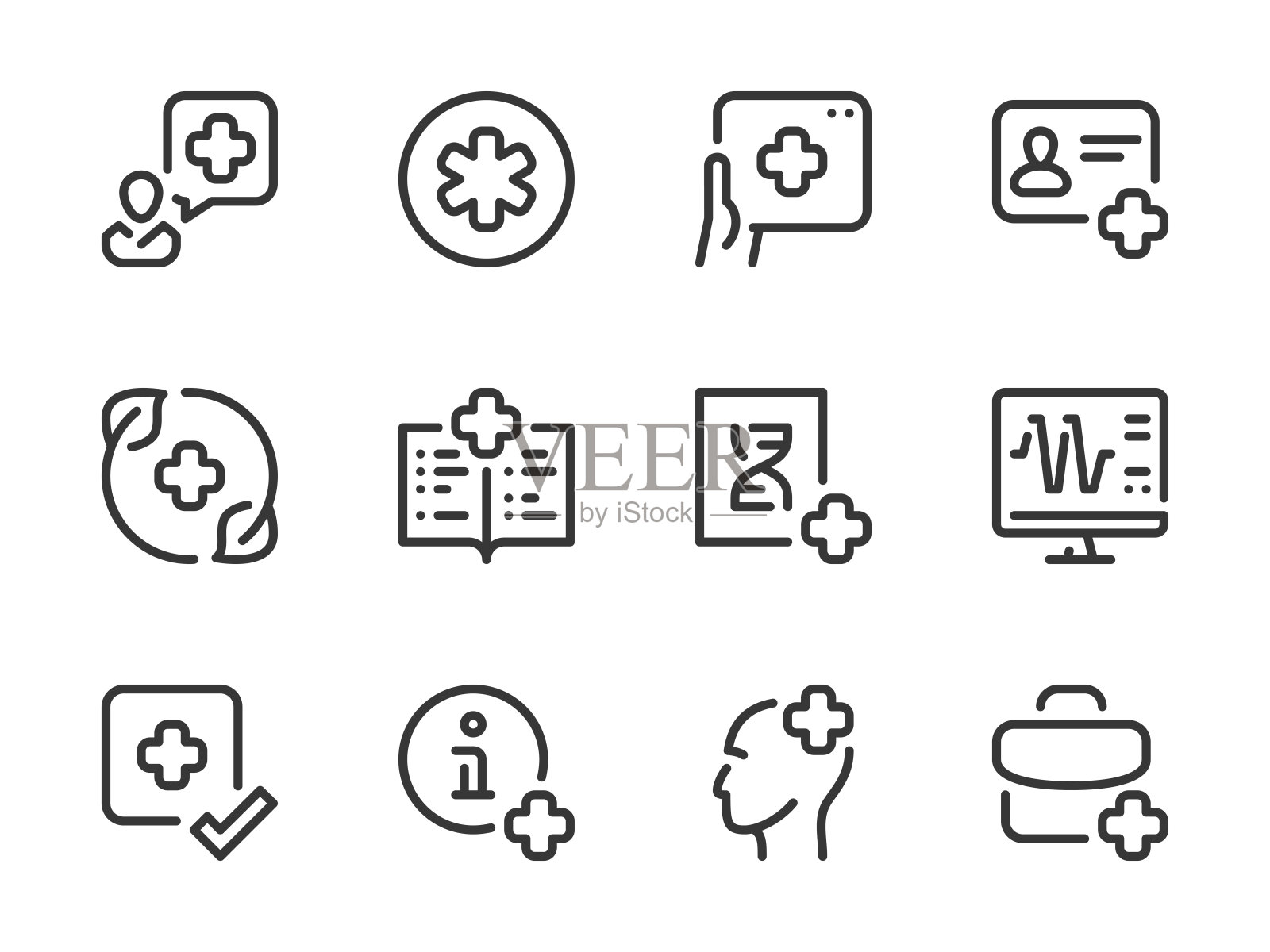 医疗保健和医疗服务大纲图标集。图标素材
