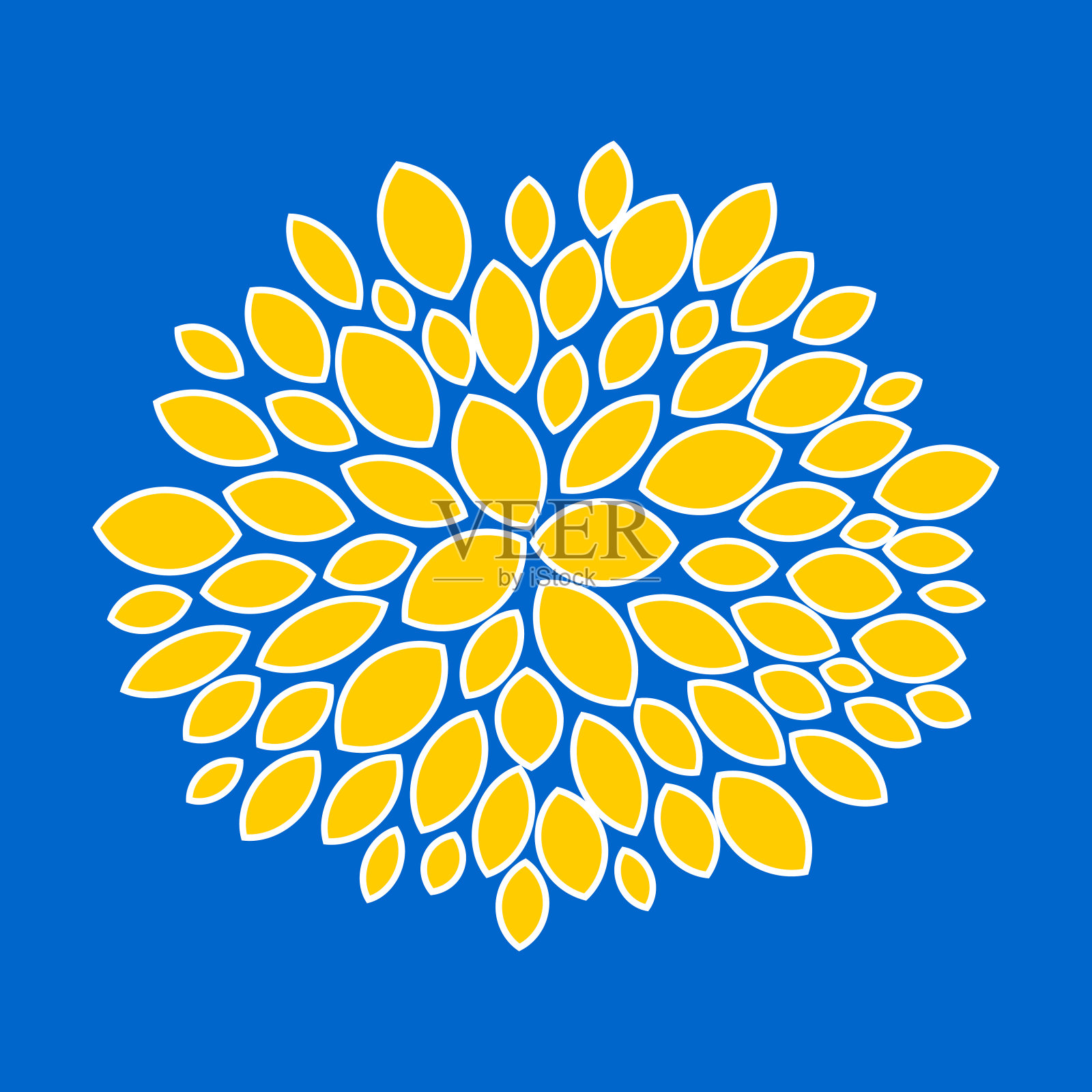 花抽象圆形图案。黄色的花瓣在白色的轮廓，位于蓝色的背景，像紫菀或菊花。向量。插画图片素材