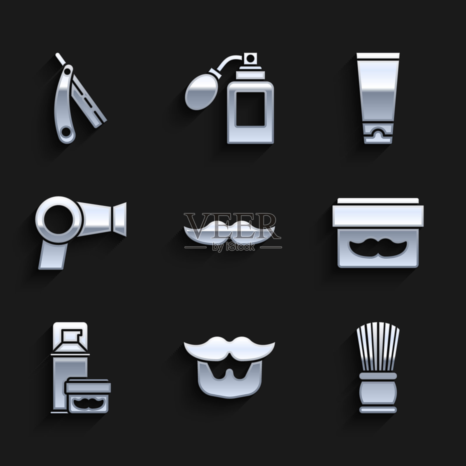 套装胡子，胡须，剃须刷，面霜或乳液化妆品罐，凝胶泡沫，吹风机，管和直剃刀图标。向量图标素材