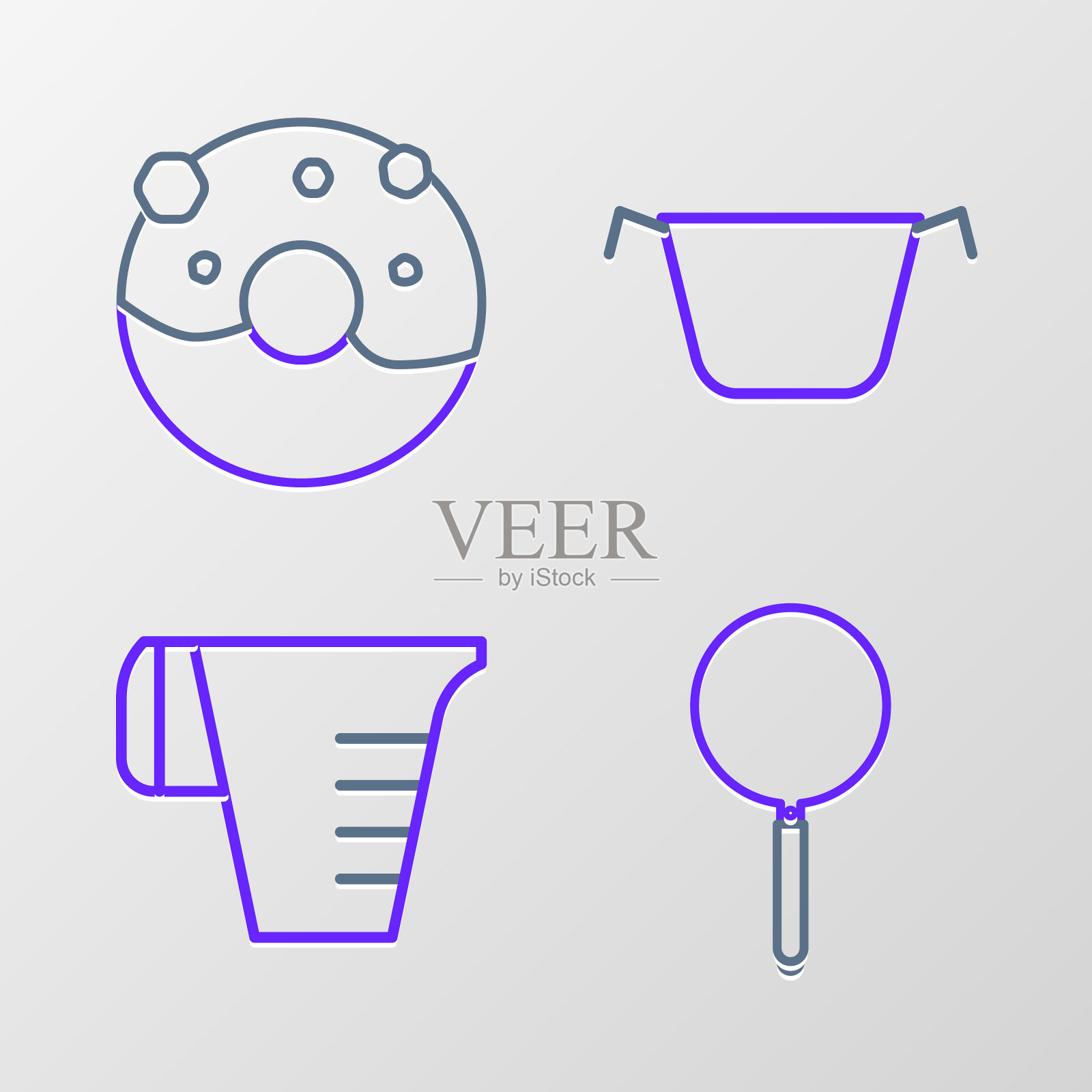 设置线煎锅，量杯，锅和甜甜圈与甜釉图标。向量图标素材