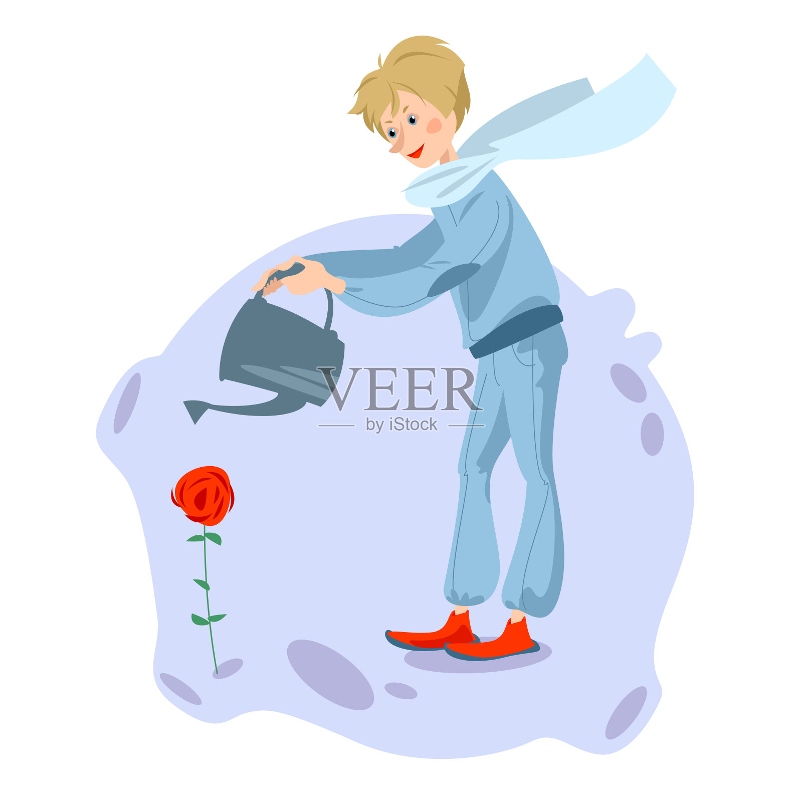 男孩在一颗有火山的小行星上给玫瑰浇水插画图片素材